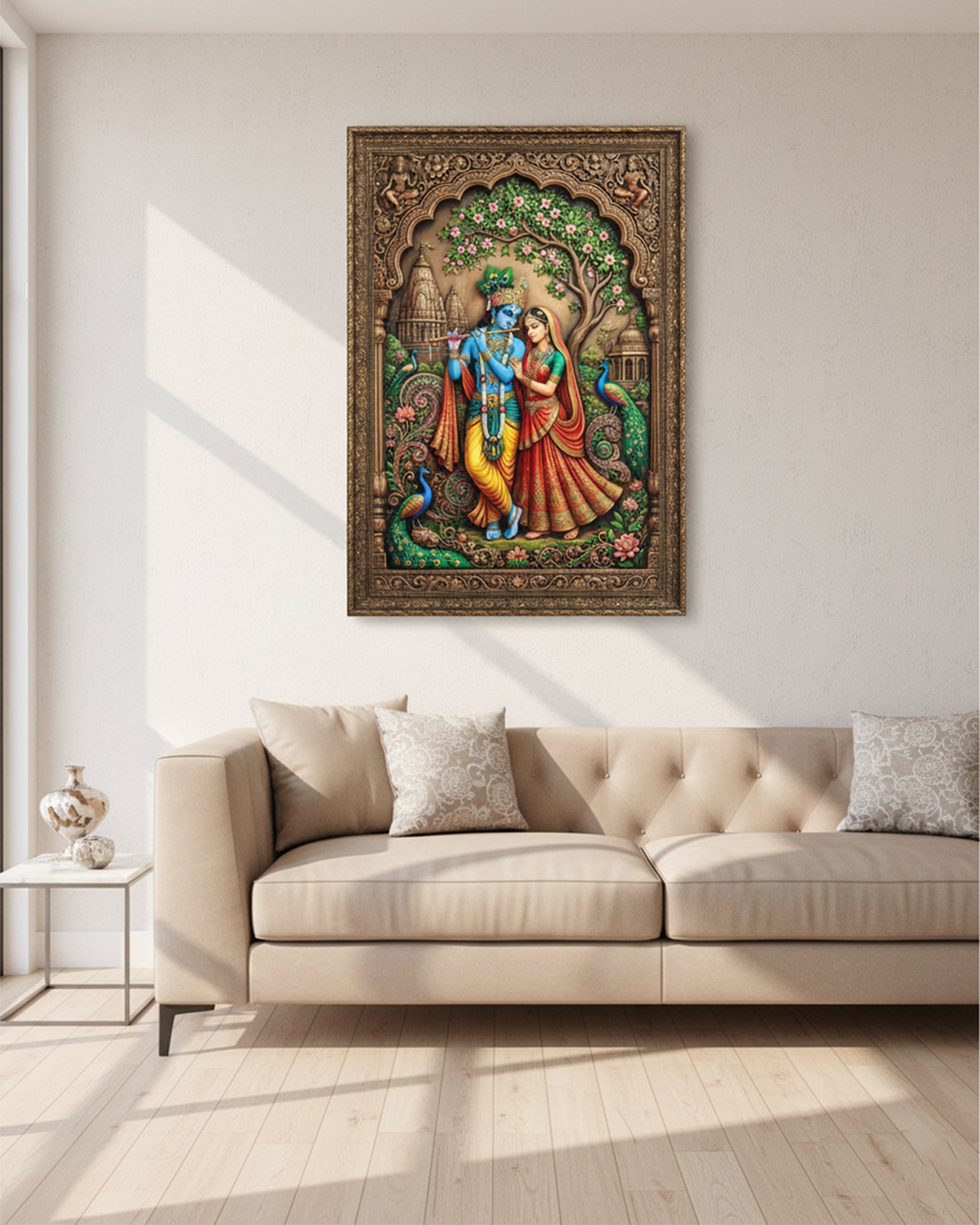 Radha Krishna Eternal Love 3D-Style Framed Wall Art - Premium Spiritual Home Decor Painting
