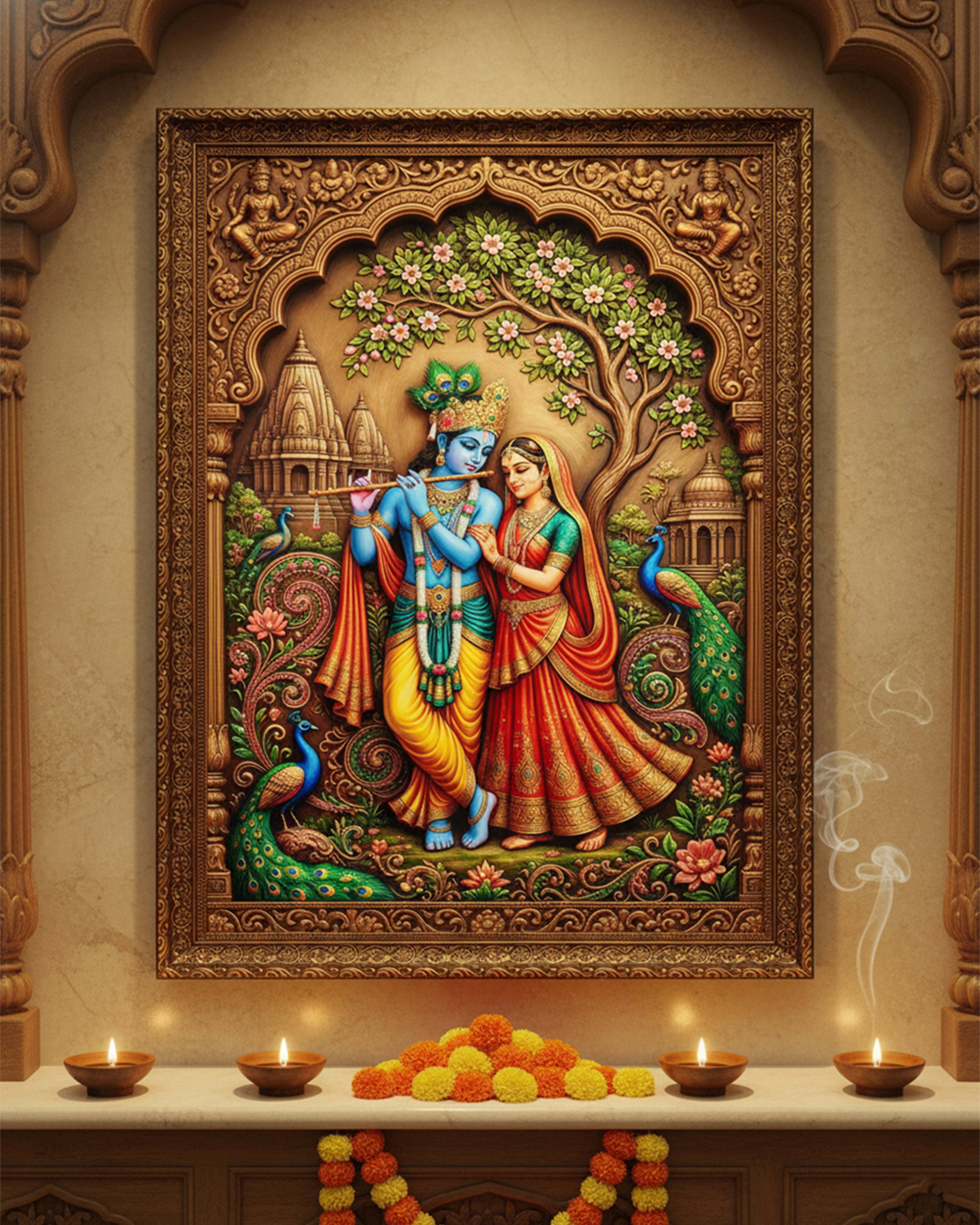 Radha Krishna Eternal Love 3D-Style Framed Wall Art - Premium Spiritual Home Decor Painting