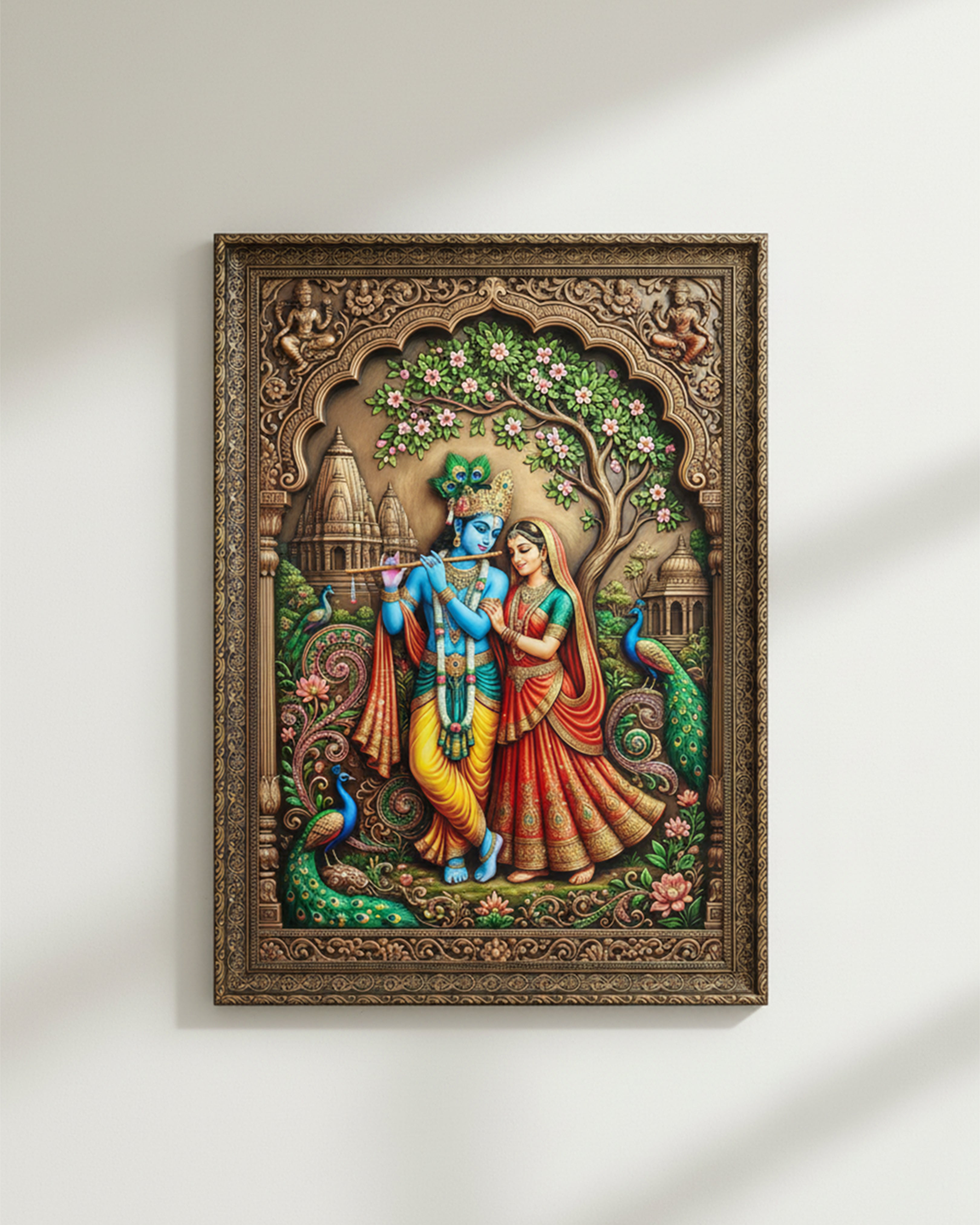Radha Krishna Eternal Love 3D-Style Framed Wall Art - Premium Spiritual Home Decor Painting