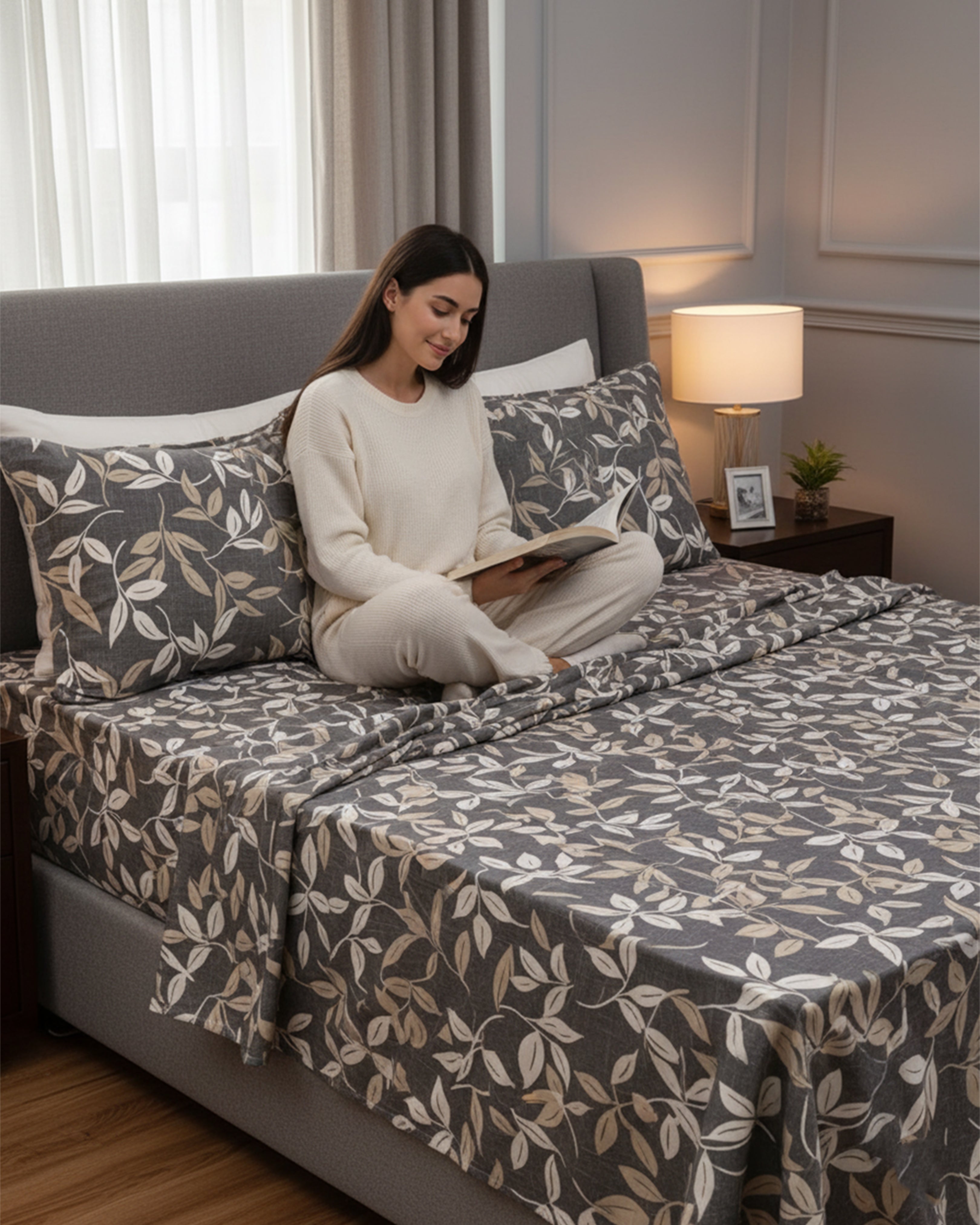 Premium Charcoal Grey Minimalist Cotton Double Bed Sheet with 2 Pillow Covers – Urban Grid Collection