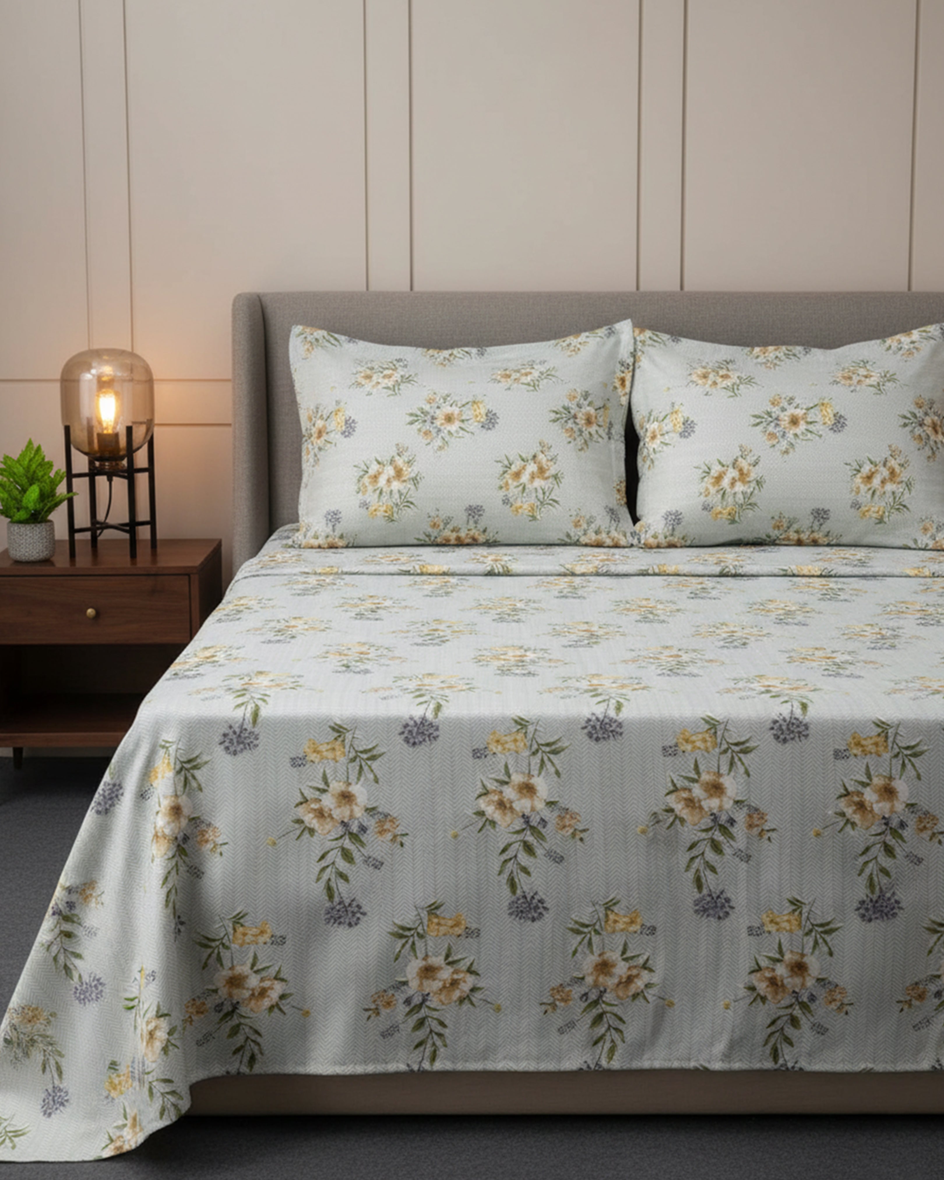 Premium Grey & Teal Abstract Geometric Cotton Double Bed Sheet with 2 Pillow Covers – Modern Prism Collection