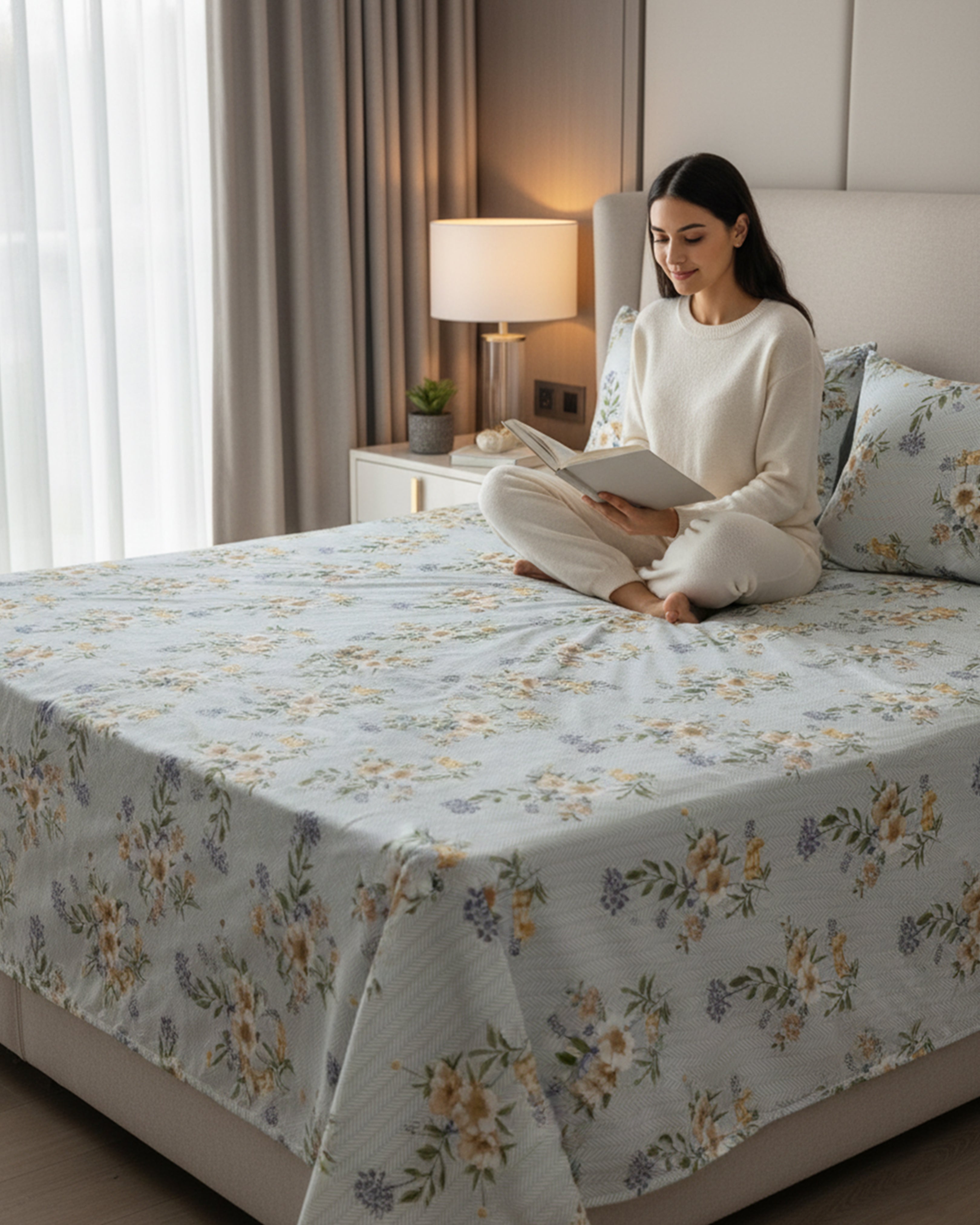 Premium Grey & Teal Abstract Geometric Cotton Double Bed Sheet with 2 Pillow Covers – Modern Prism Collection