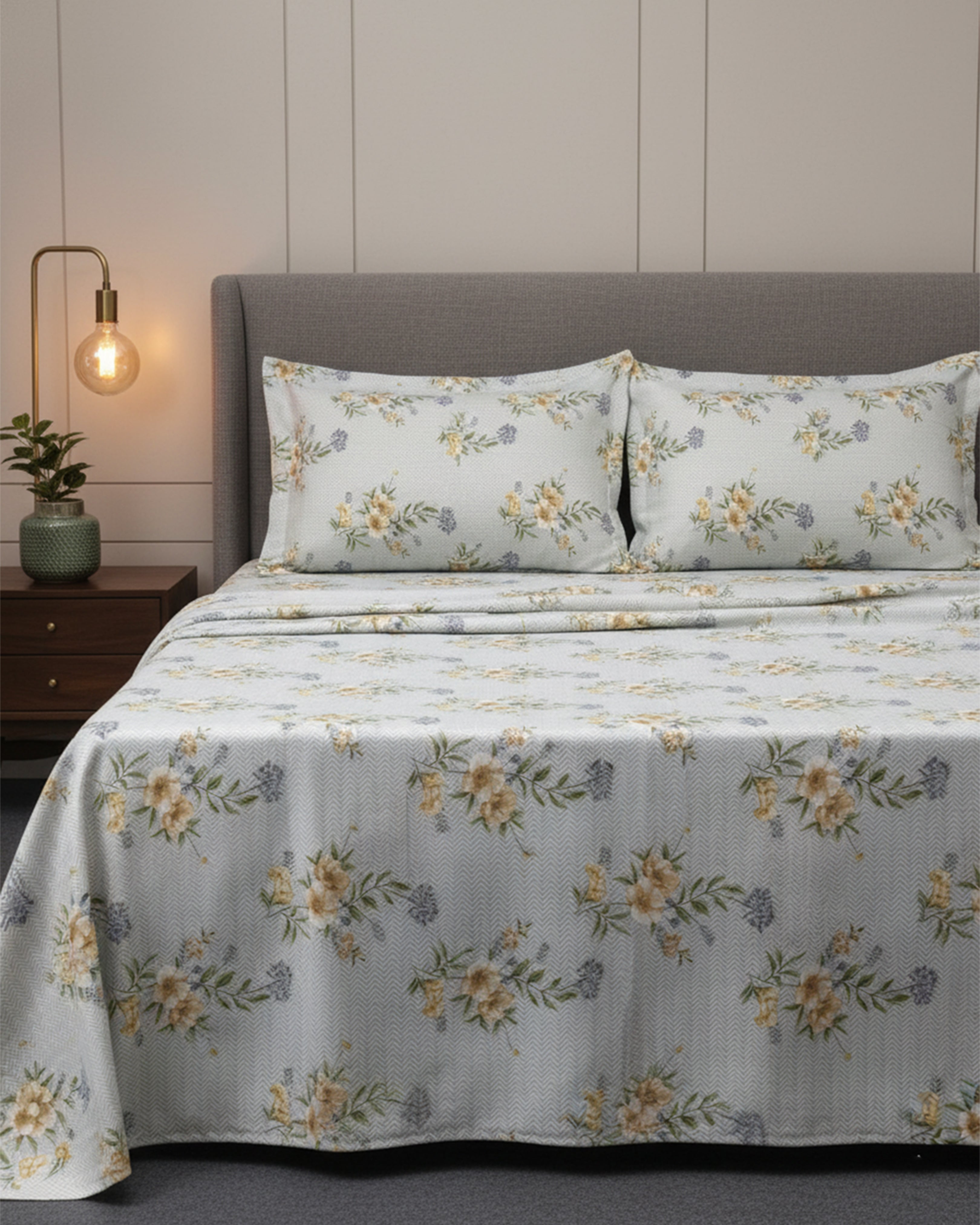 Premium Grey & Beige Floral Cotton Double Bed Sheet with 2 Pillow Covers – Elegant Blossom Collection