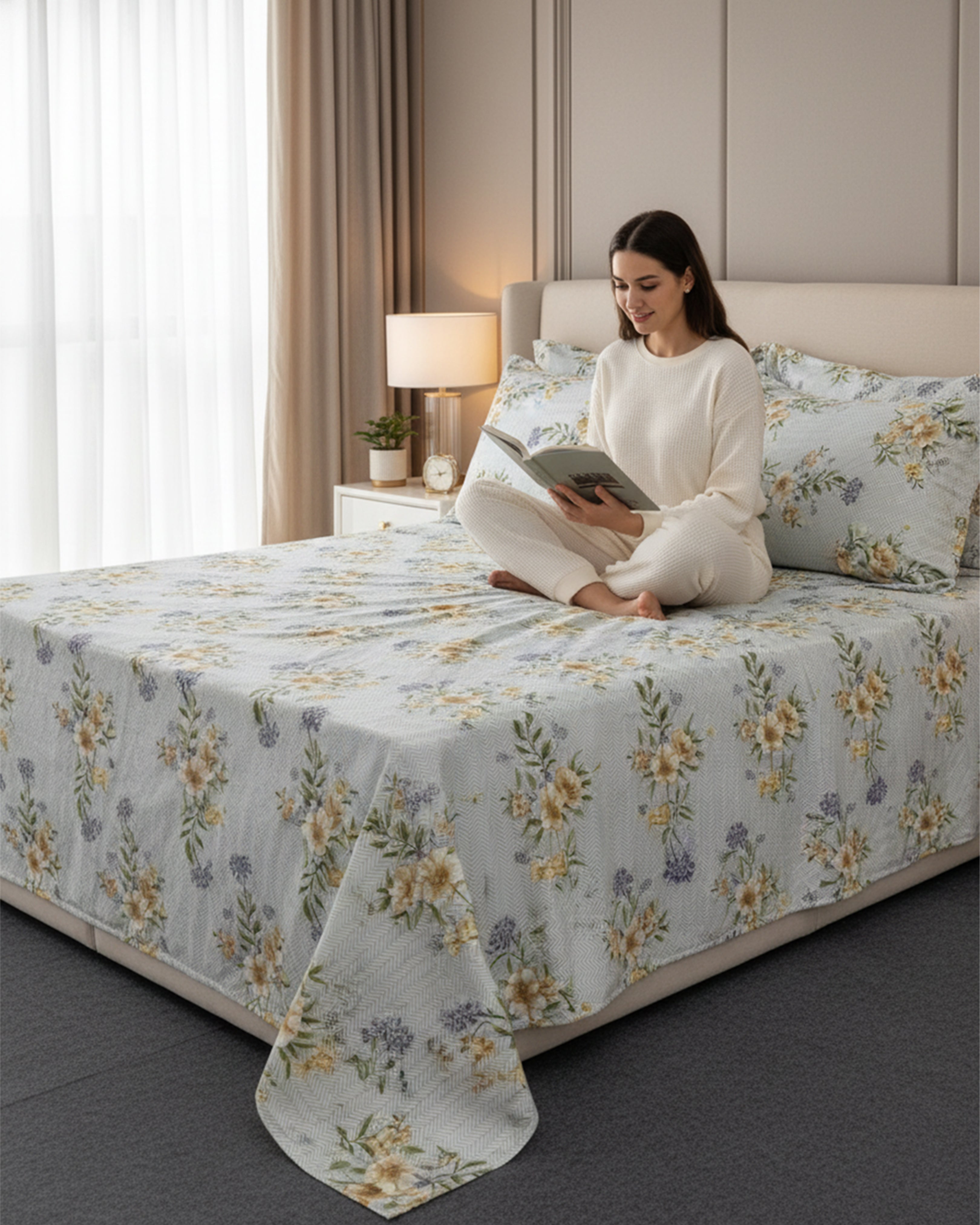 Premium Grey & Beige Floral Cotton Double Bed Sheet with 2 Pillow Covers – Elegant Blossom Collection