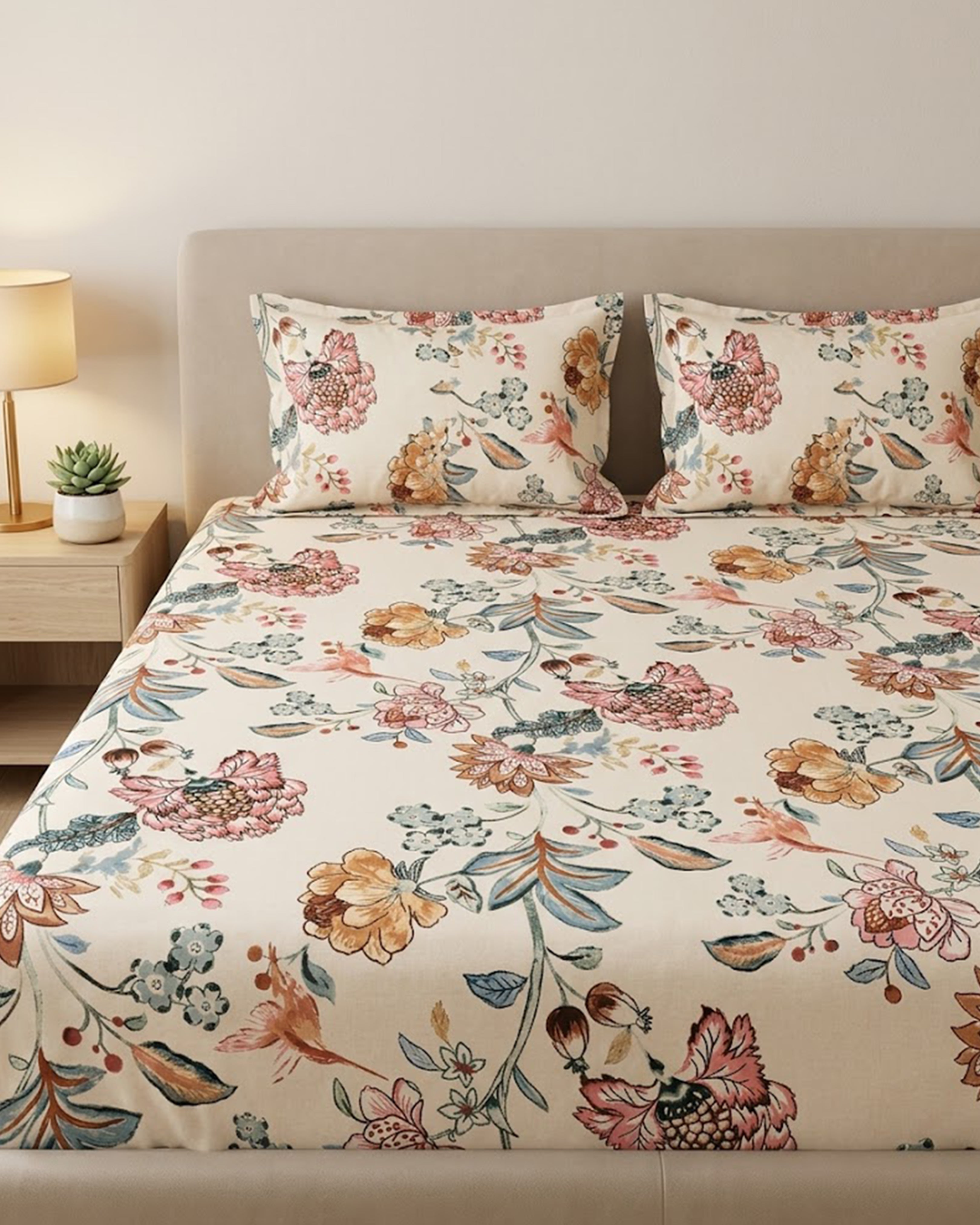 Premium Floral Bloom Cotton Double Bedsheet with 2 Matching Pillow Covers - Elegant Beige & Pastel Pink