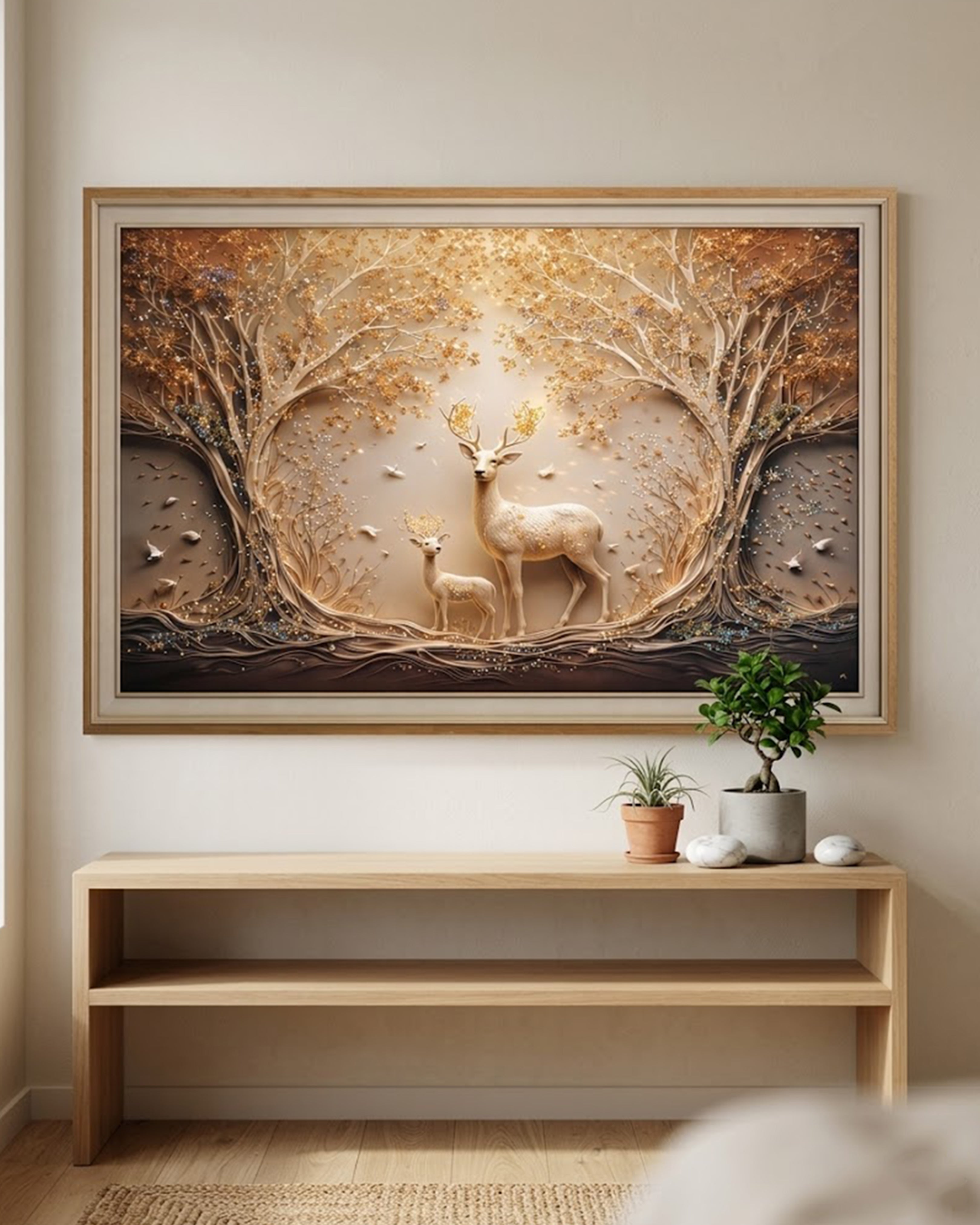 Golden Deer Forest Wall Art Frame – Elegant Living Room Decor