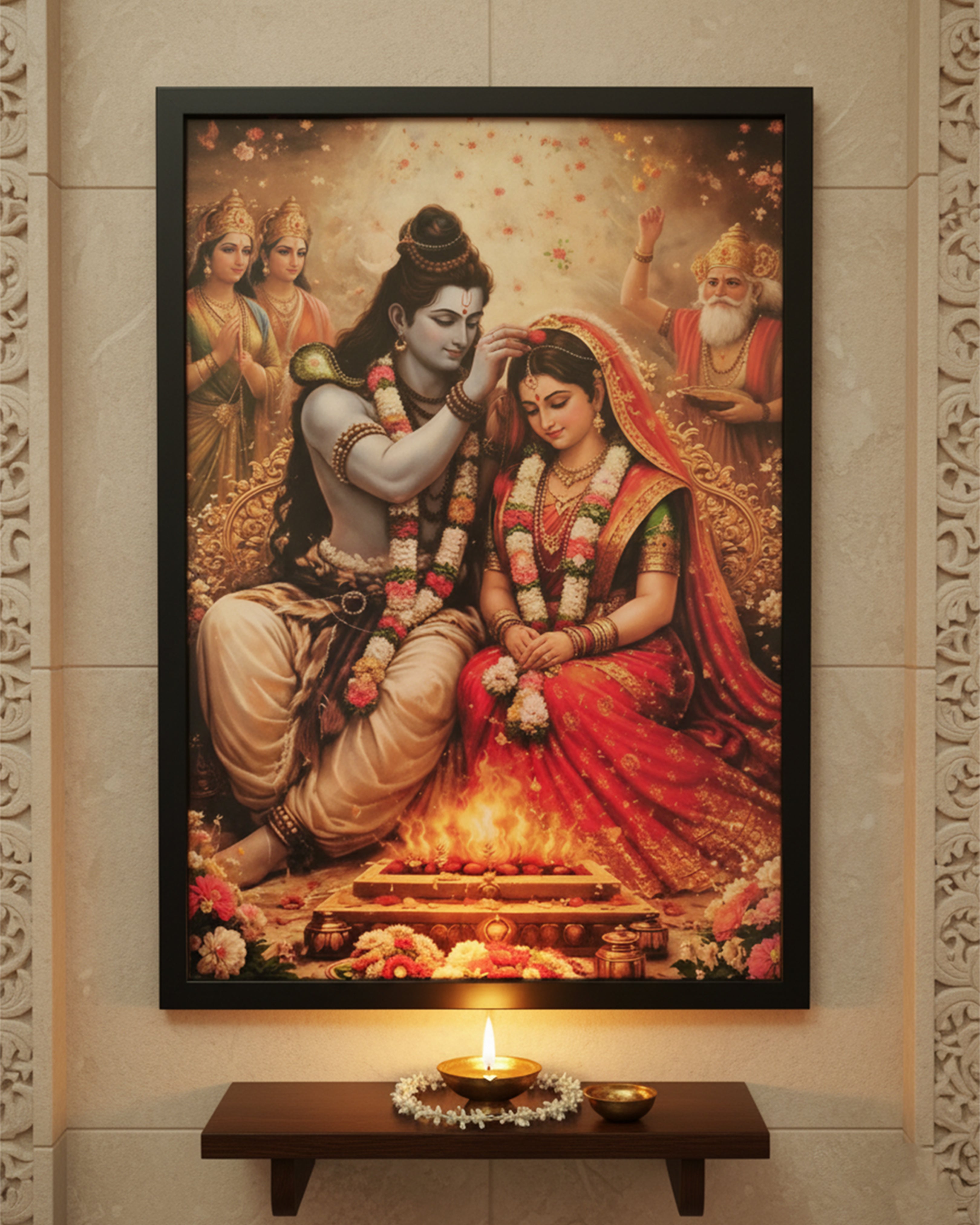 Lord Shiva and Parvati Wedding Vivah Pheras Framed Painting - Devotional Hindu God Art for Home Temple Mandir, Living Room
