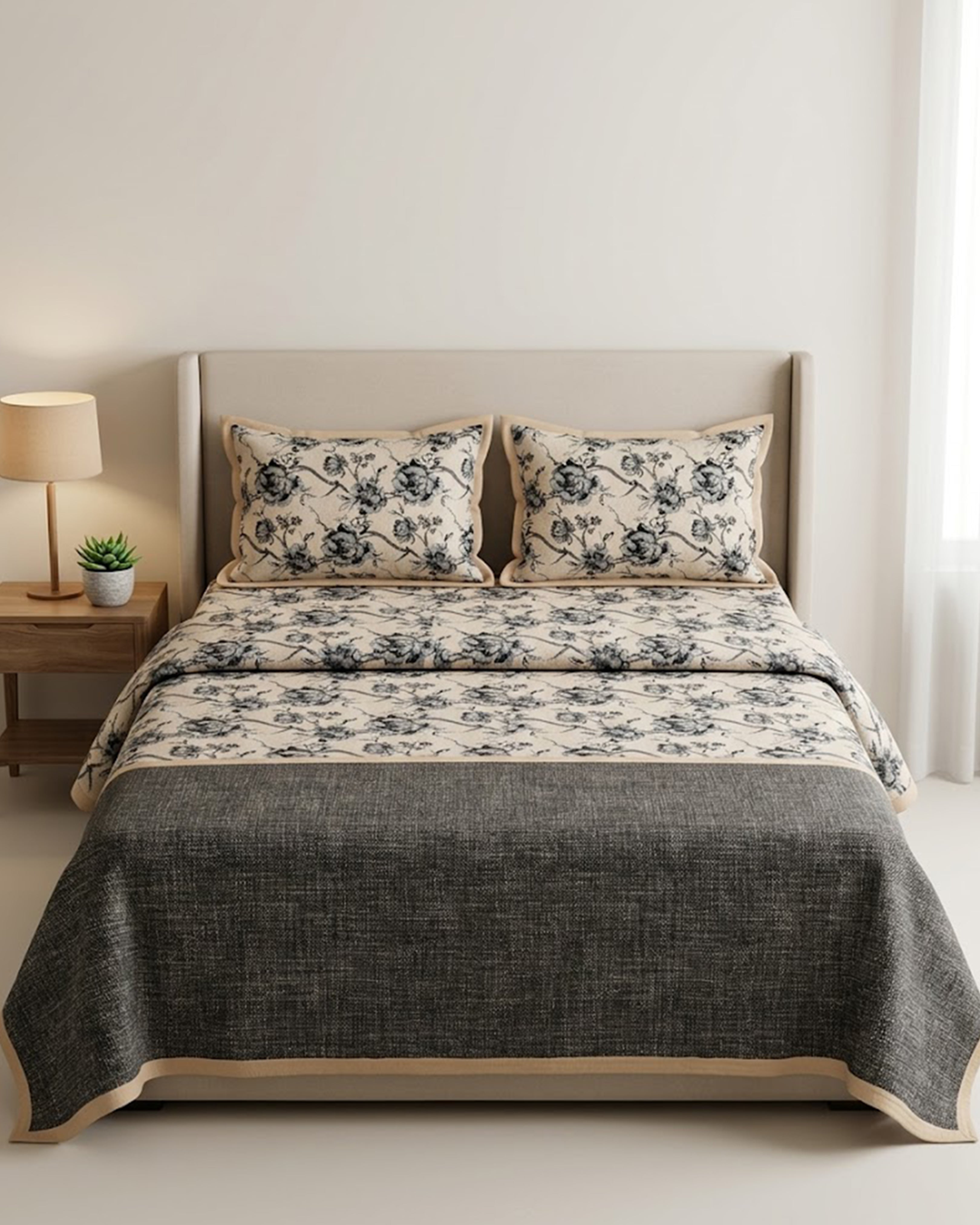 Modern Charcoal Grey & Cream Floral Luxury Double Bedsheet Set - Premium Linen-Look Finish with 2 Pillow Covers