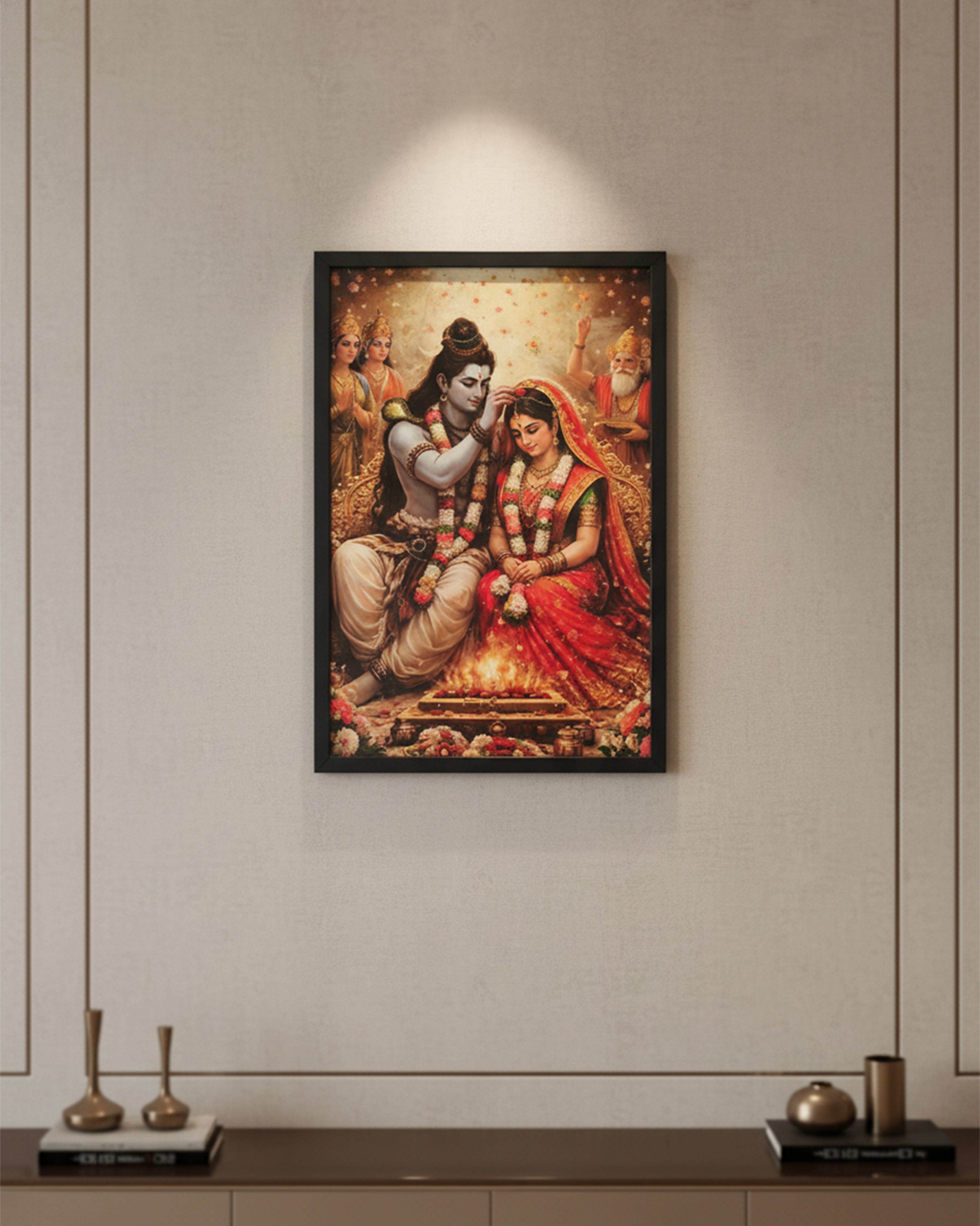Lord Shiva and Parvati Wedding Vivah Pheras Framed Painting - Devotional Hindu God Art for Home Temple Mandir, Living Room
