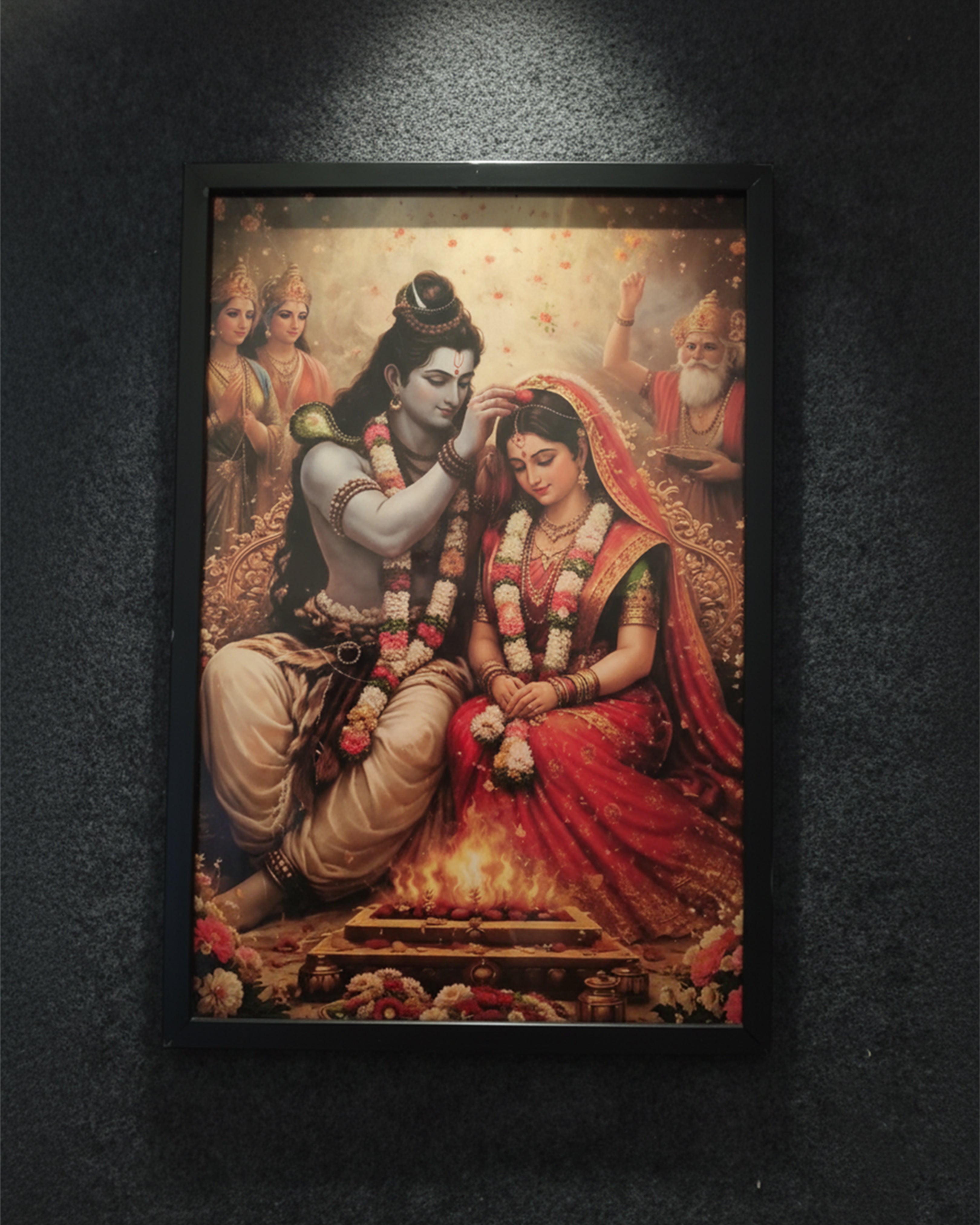 Lord Shiva and Parvati Wedding Vivah Pheras Framed Painting - Devotional Hindu God Art for Home Temple Mandir, Living Room
