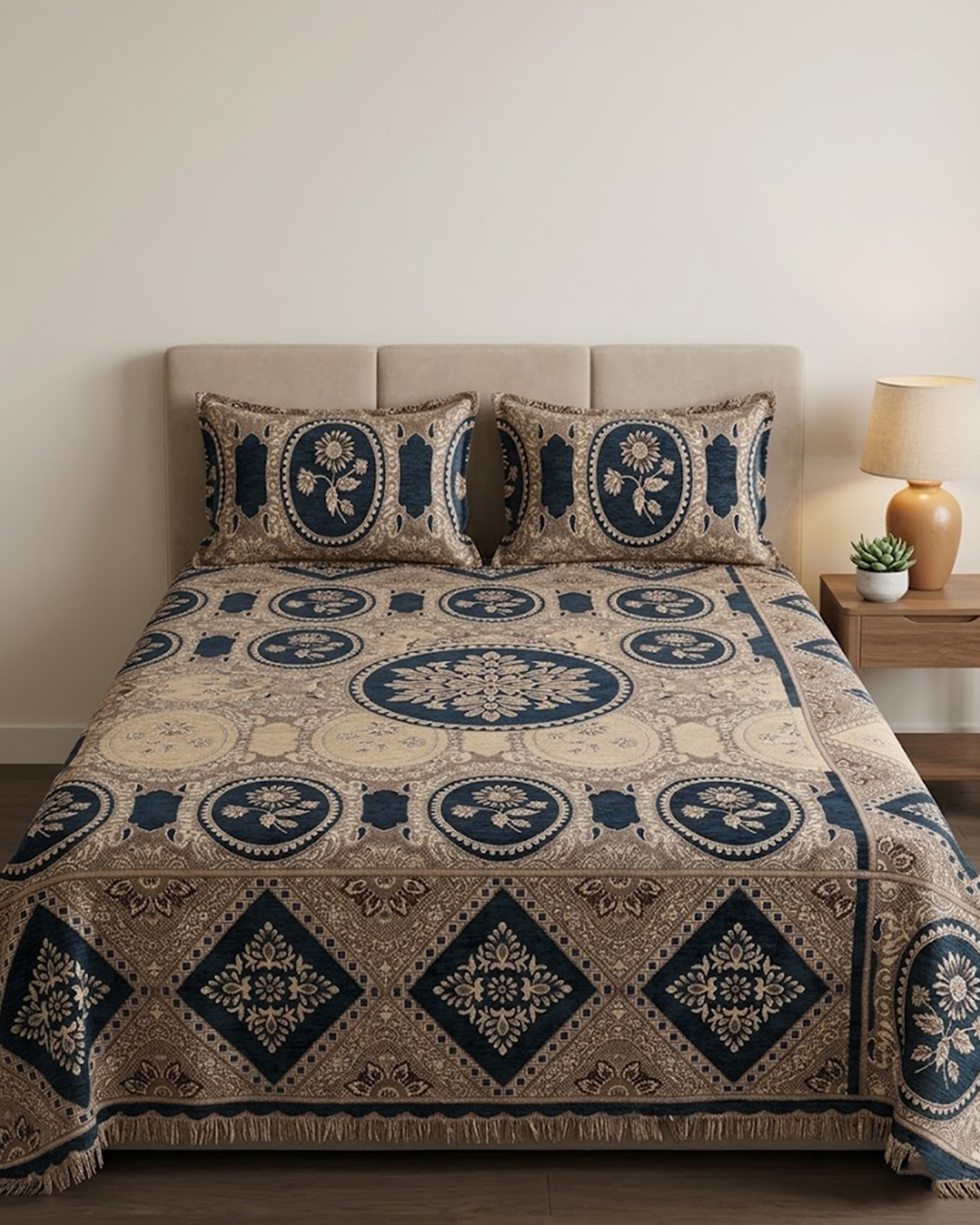 Premium Charcoal & Gold Floral Cotton Double Bed Sheet with 2 Pillow Covers – Midnight Bloom Collection