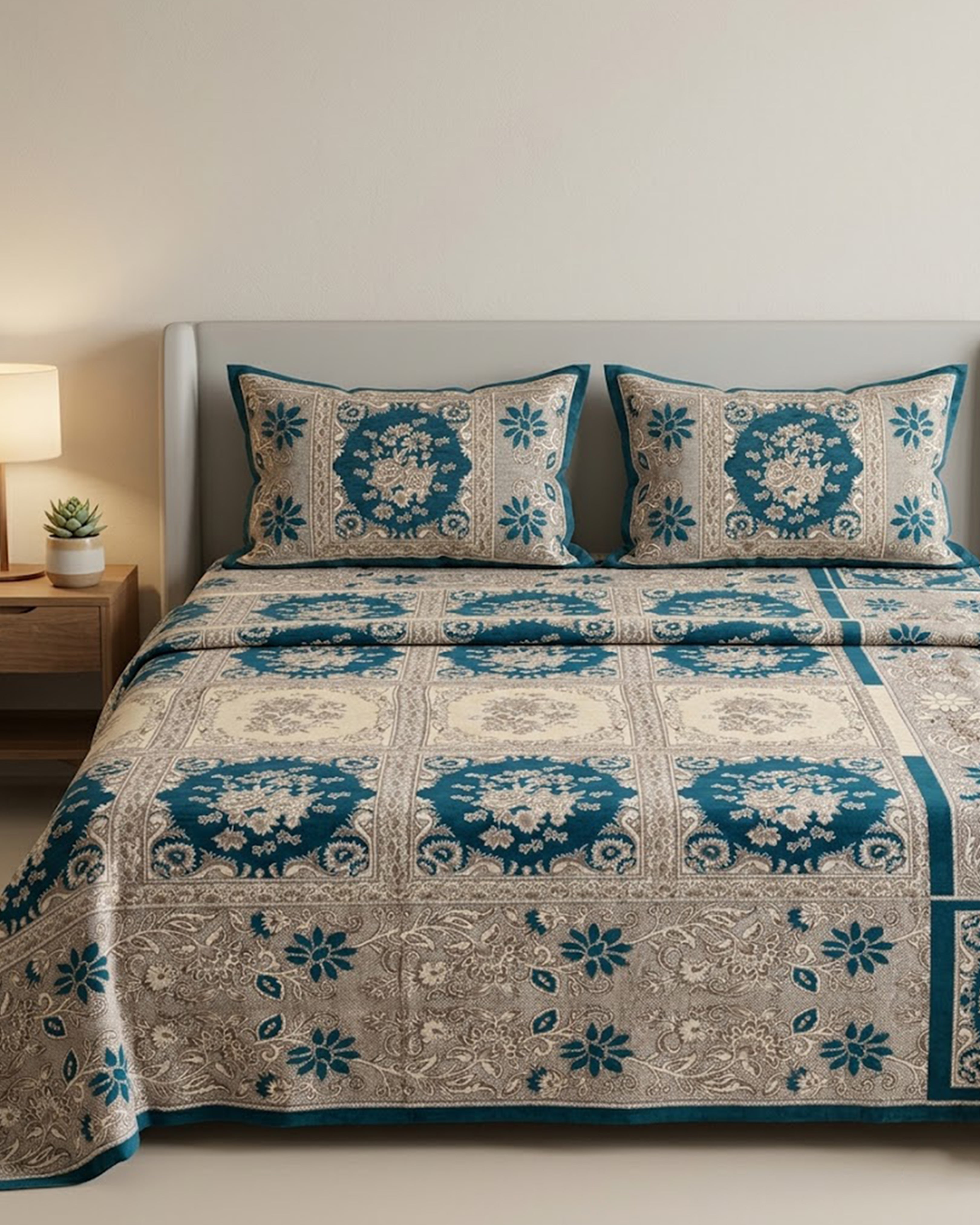 Royal Teal & Silver Ethnic Mandala Print Double Bedsheet Set - Premium Cotton Fabric with 2 Designer Pillow Covers