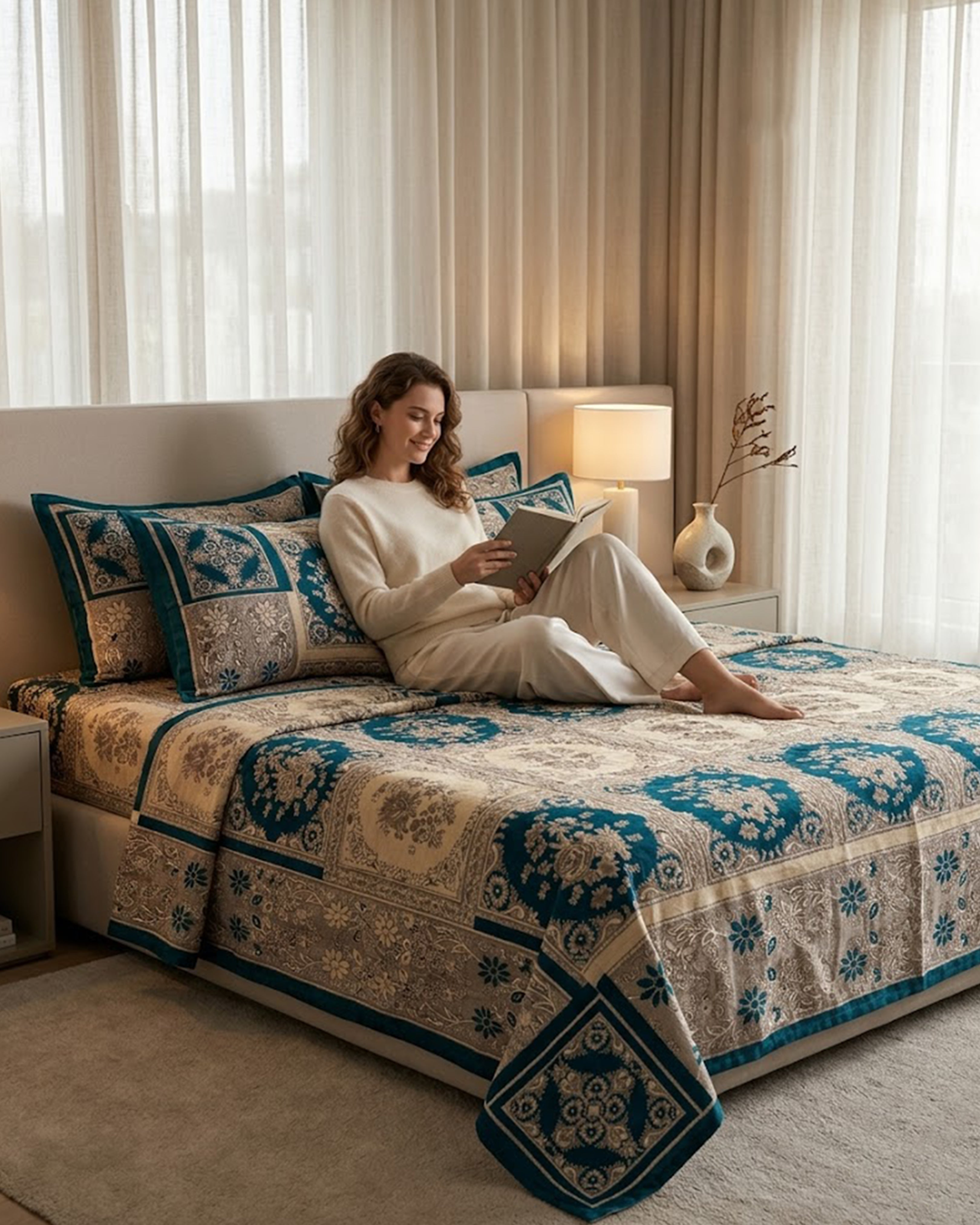 Royal Teal & Silver Ethnic Mandala Print Double Bedsheet Set - Premium Cotton Fabric with 2 Designer Pillow Covers