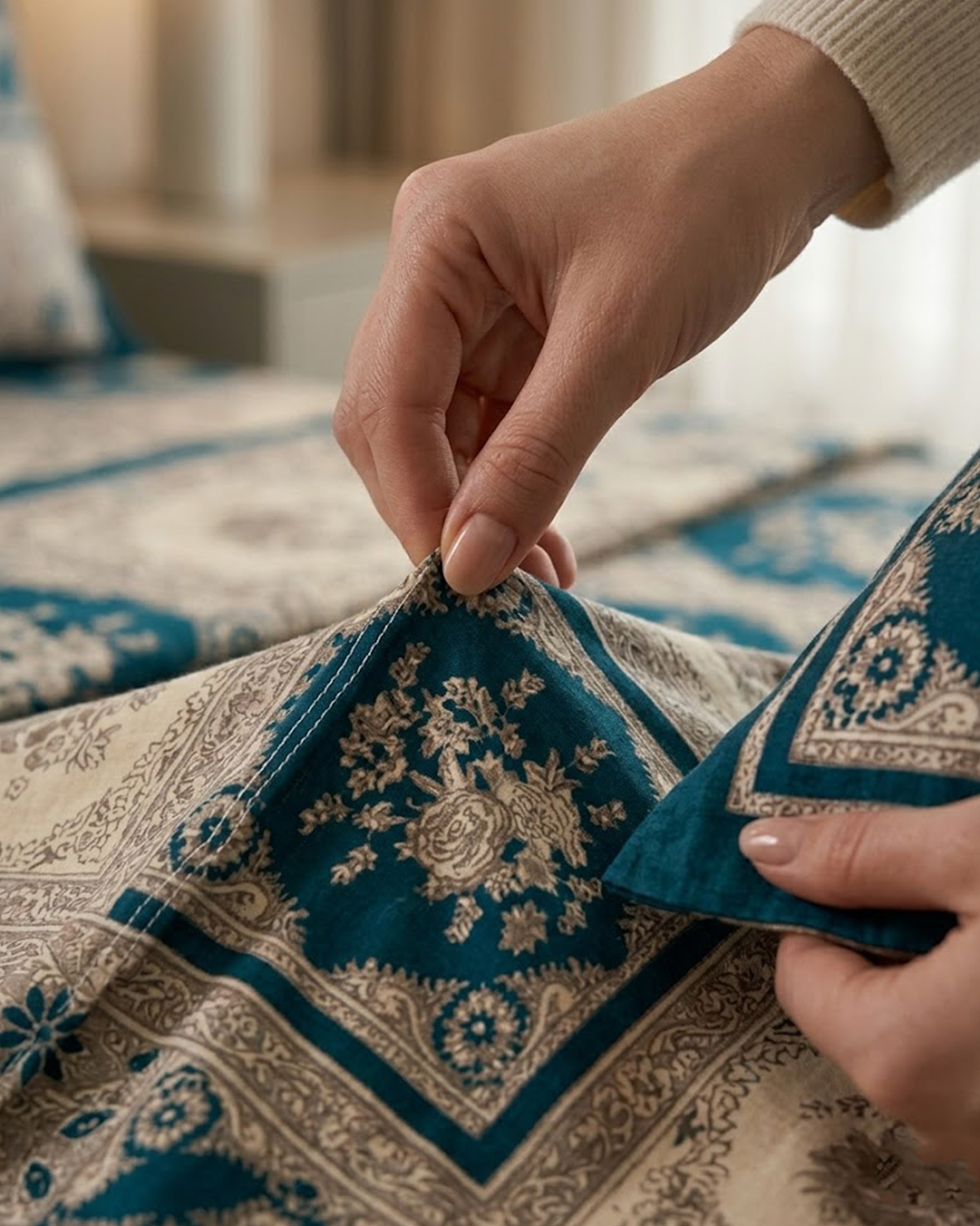 Royal Teal & Silver Ethnic Mandala Print Double Bedsheet Set - Premium Cotton Fabric with 2 Designer Pillow Covers