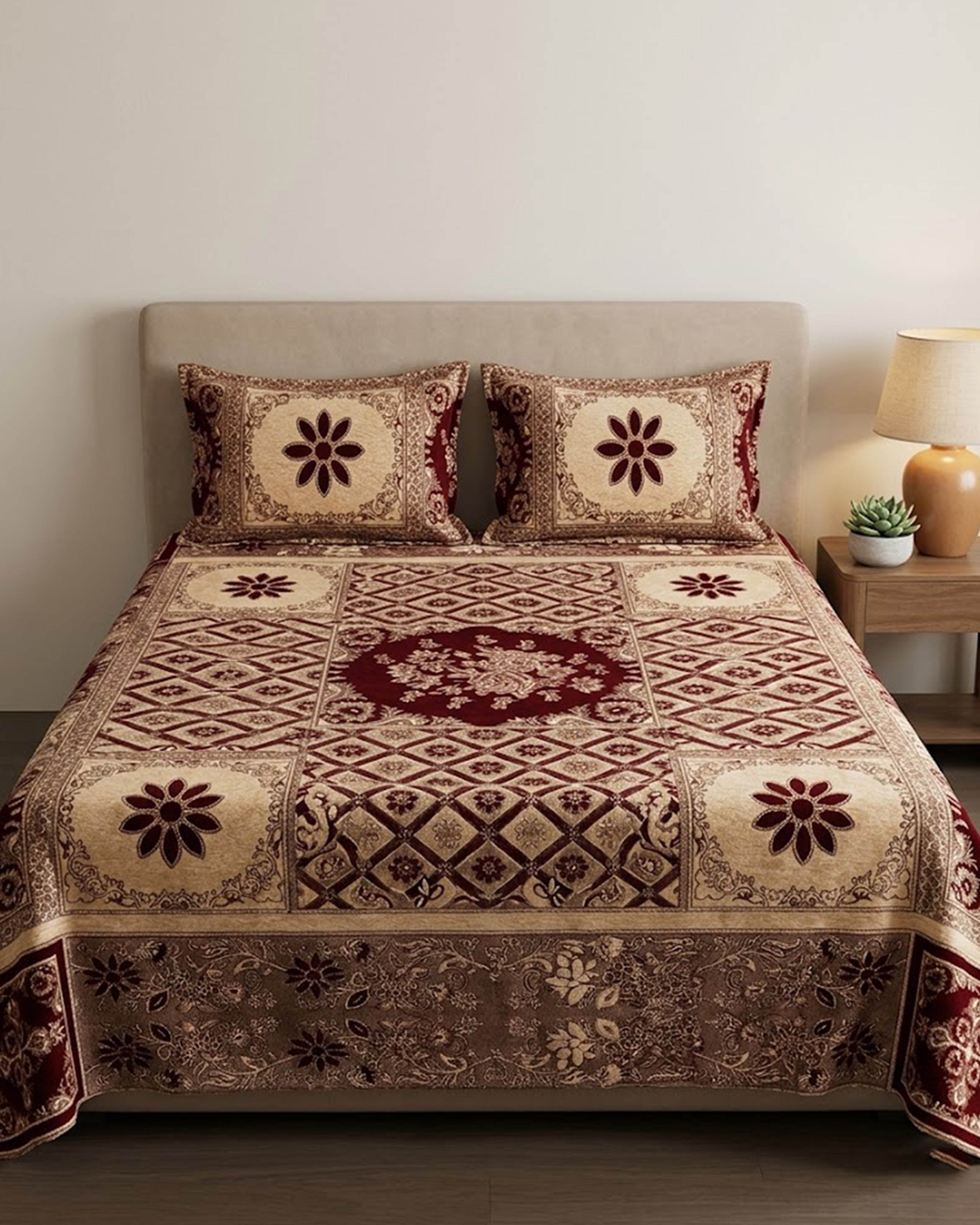 Premium Emerald Green Geometric Cotton Double Bed Sheet with 2 Pillow Covers – Deco Diamond Collection