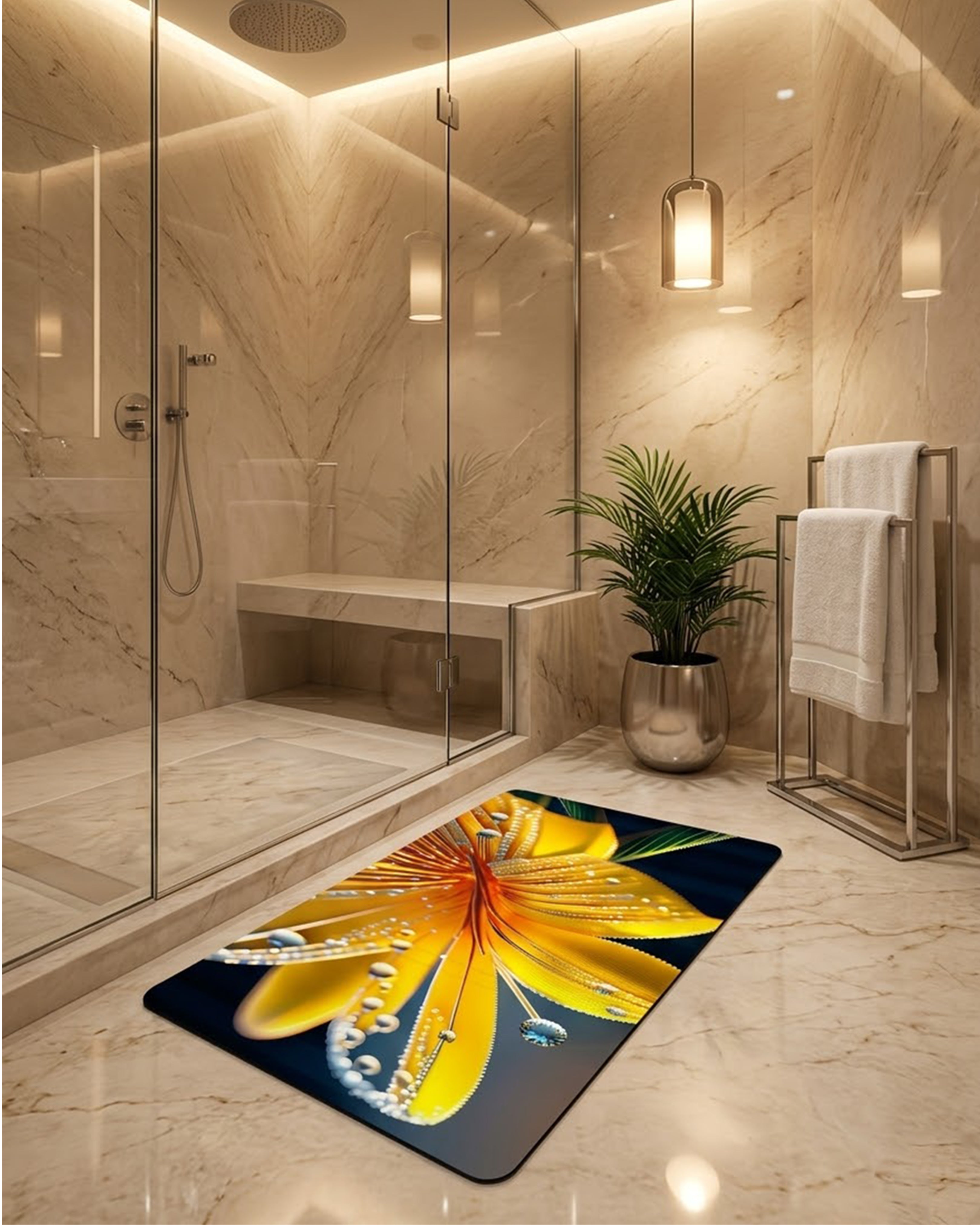 3D Yellow Lily Floral Bath Mat – Super Absorbent Anti-Skid Door Mat with Crystal Dew Drop Design (Luxury Bathroom Decor)