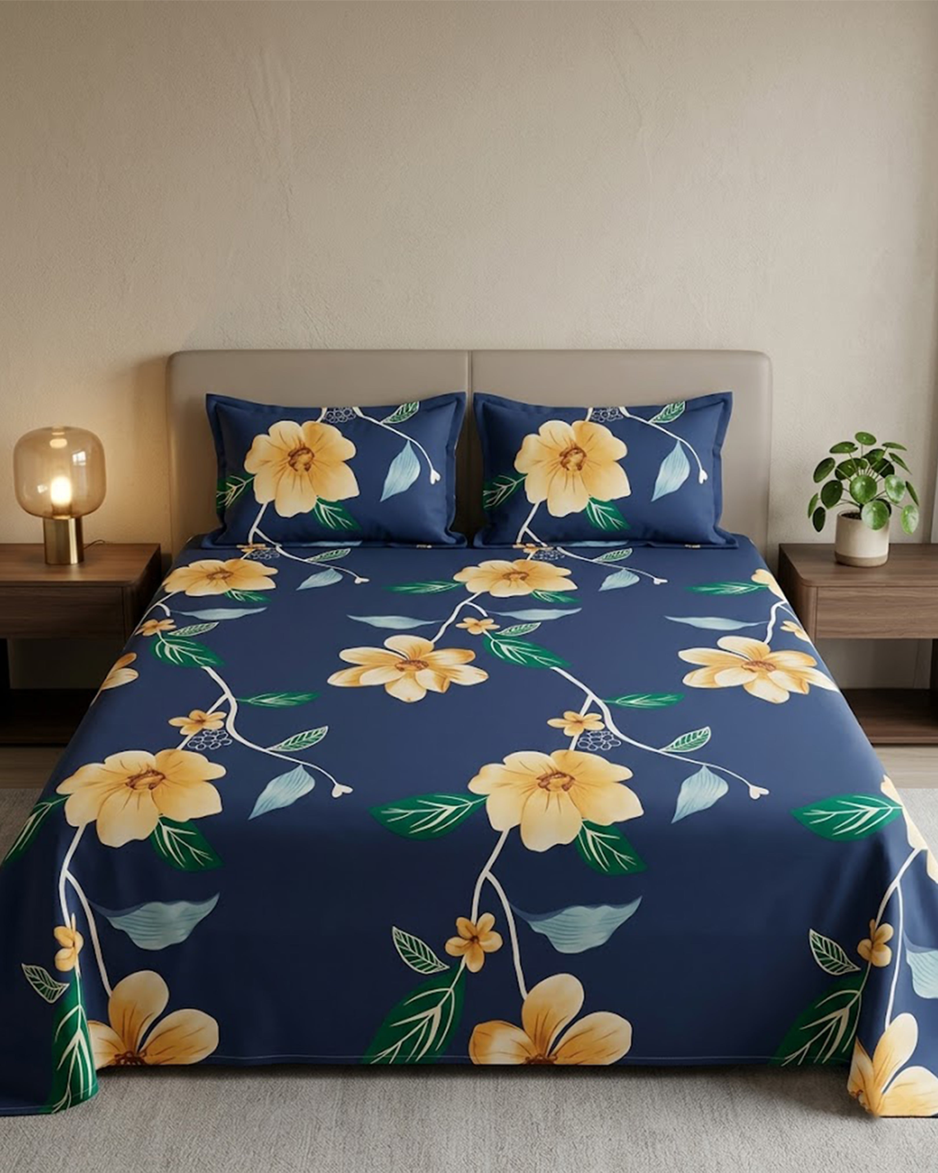 Luxury Navy Blue Floral Cotton Double Bed Sheet with 2 Pillow Covers – Midnight Garden Collection