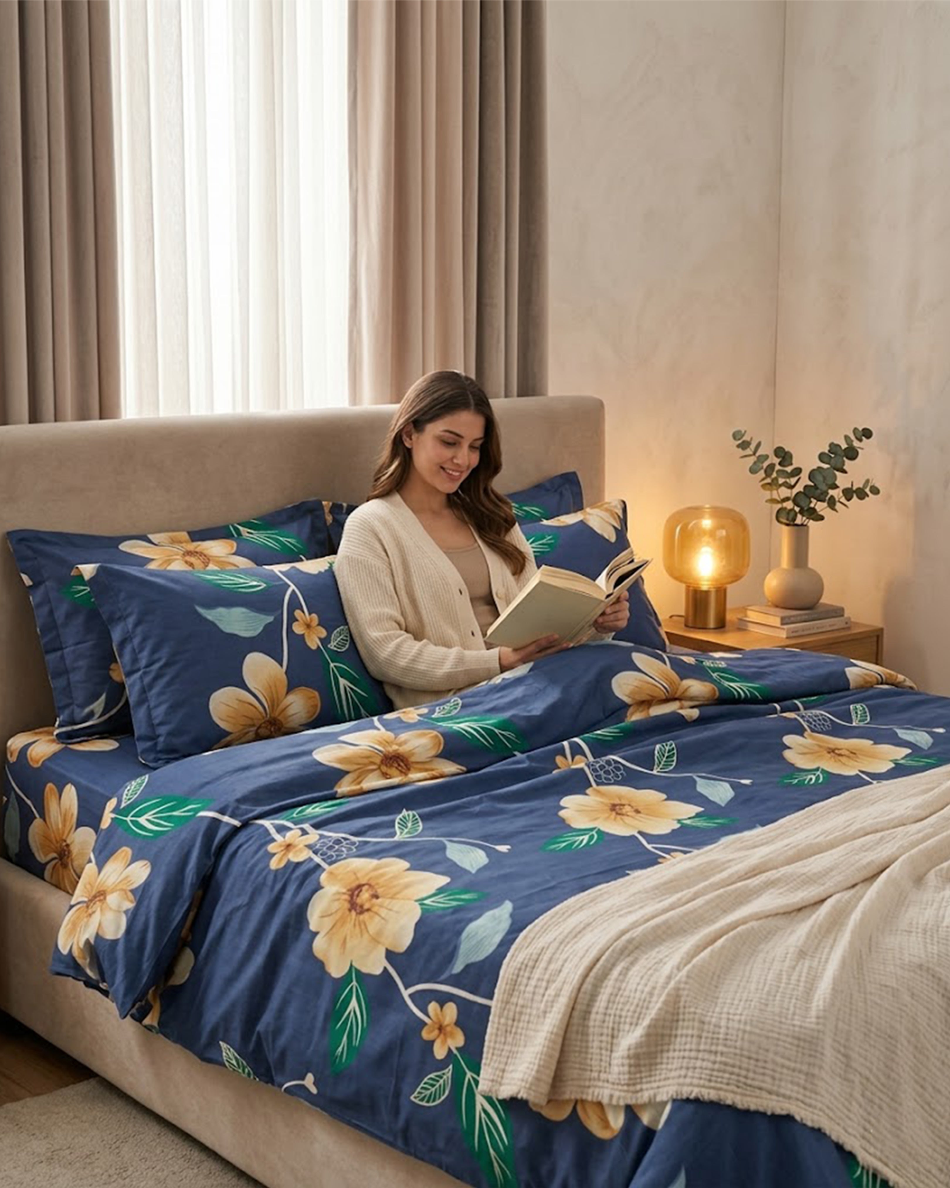 Luxury Navy Blue Floral Cotton Double Bed Sheet with 2 Pillow Covers – Midnight Garden Collection