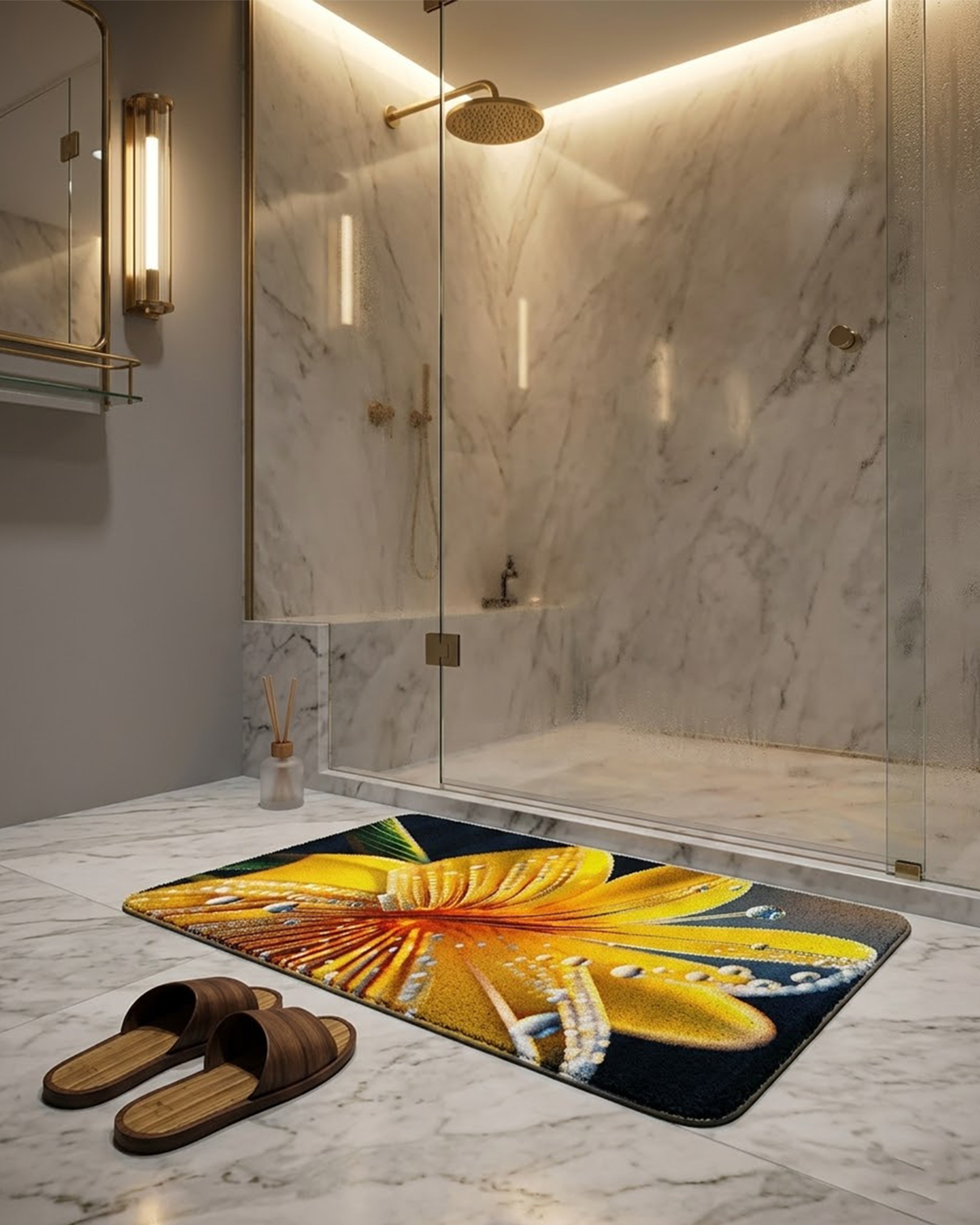 3D Yellow Lily Floral Bath Mat – Super Absorbent Anti-Skid Door Mat with Crystal Dew Drop Design (Luxury Bathroom Decor)
