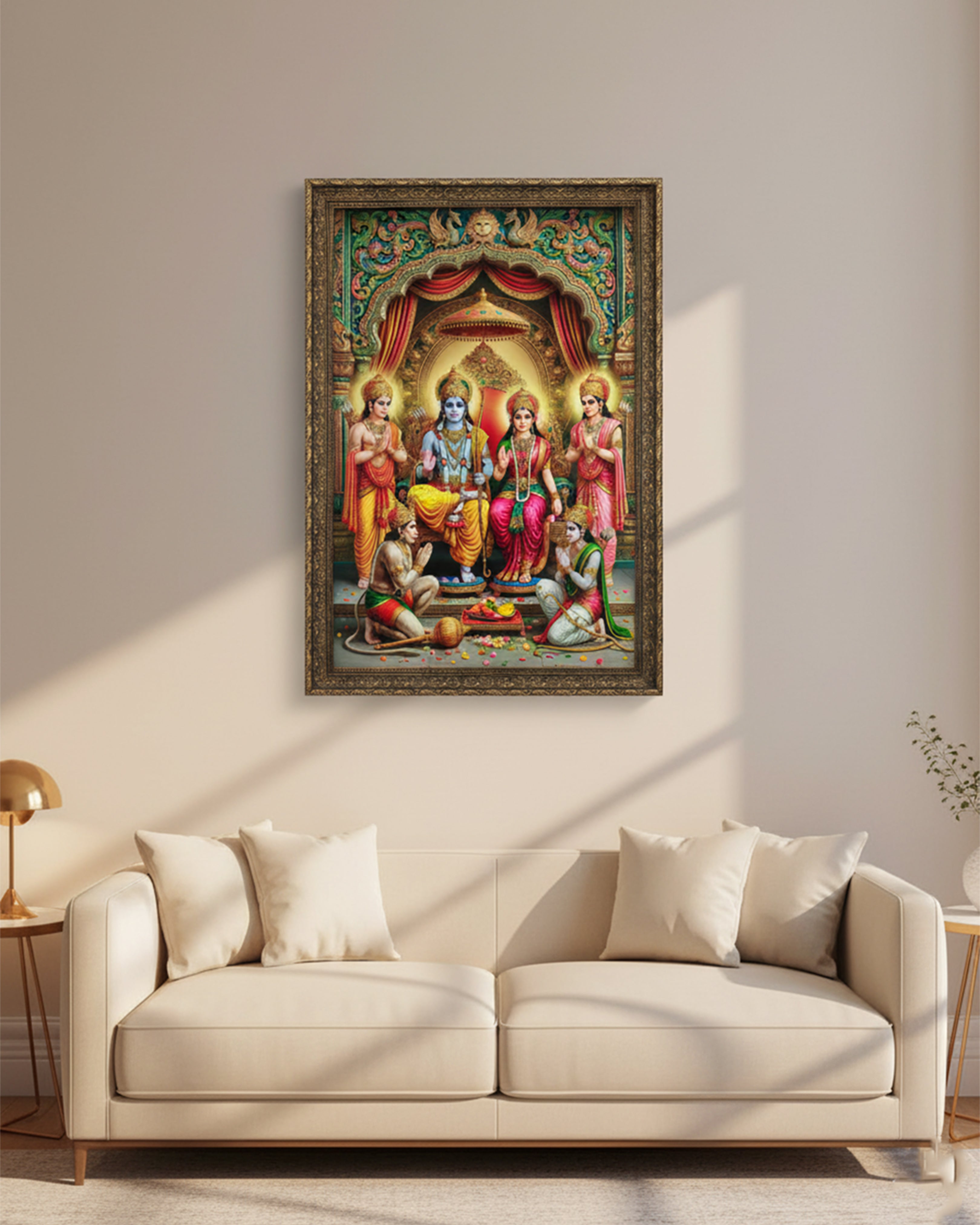 Divine Ram Darbar Premium Framed Wall Art - Lord Rama, Sita, Laxman, and Hanuman Spiritual Painting