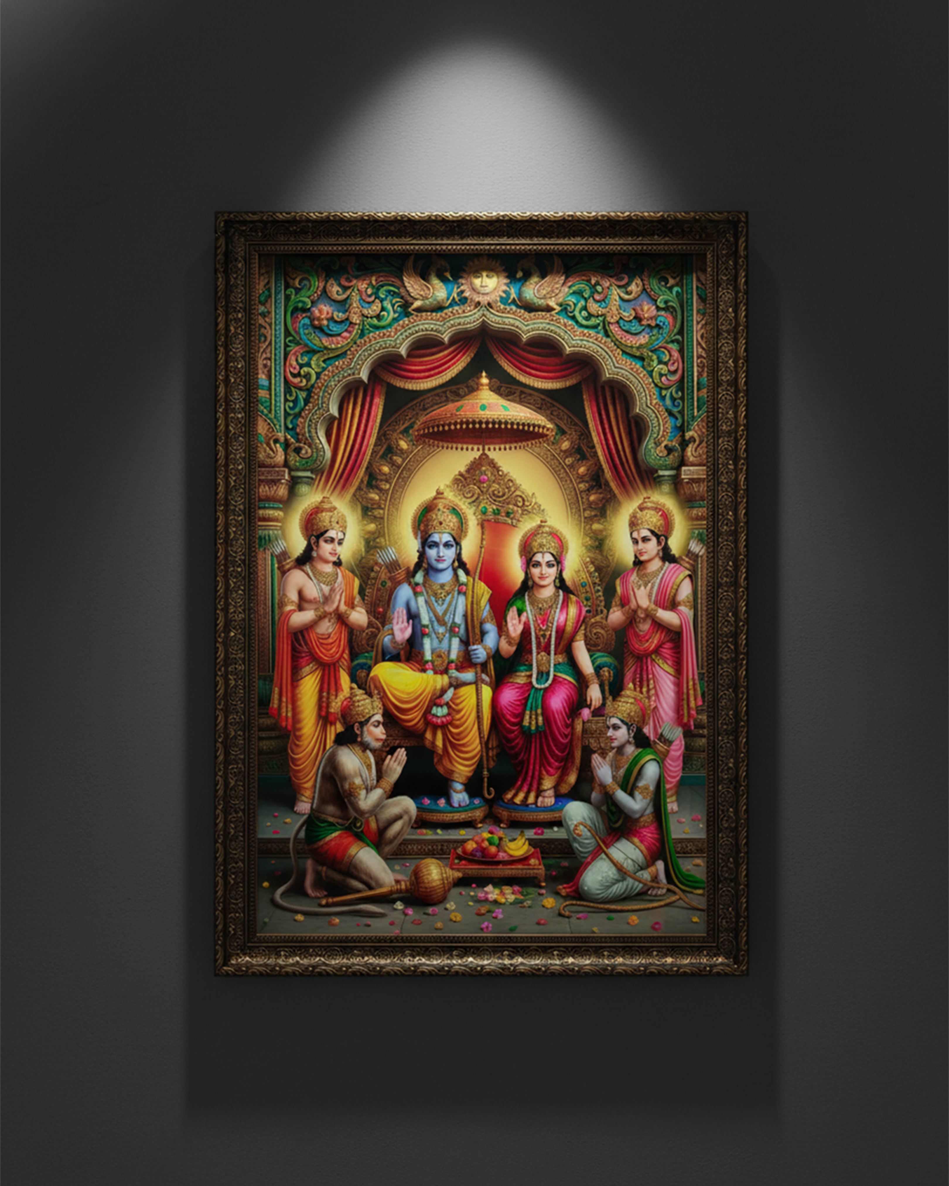 Divine Ram Darbar Premium Framed Wall Art - Lord Rama, Sita, Laxman, and Hanuman Spiritual Painting