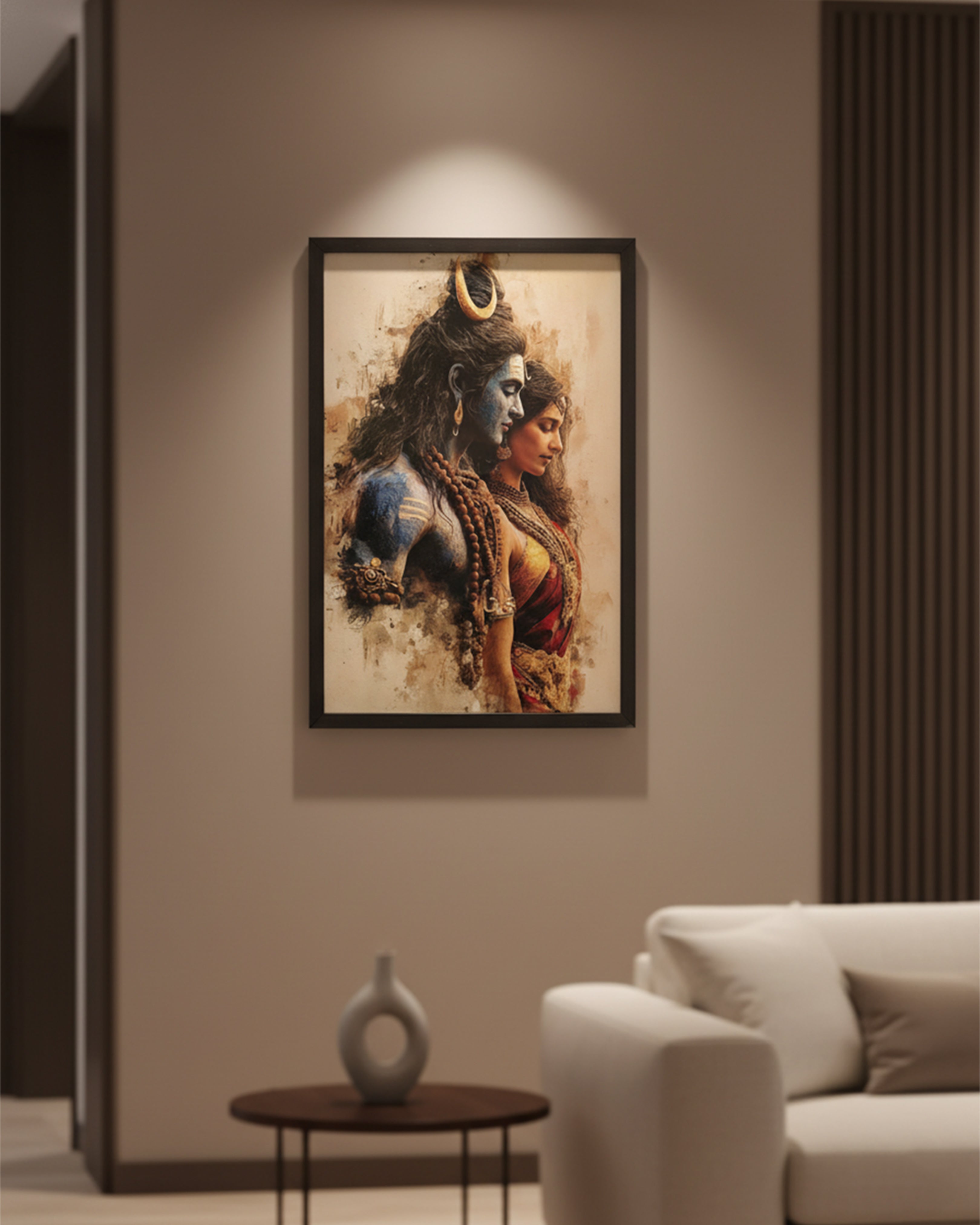 Lord Shiva and Goddess Parvati Divine Love Framed Watercolor Art - Modern Hindu God Wall Decor for Living Room, Home Temple