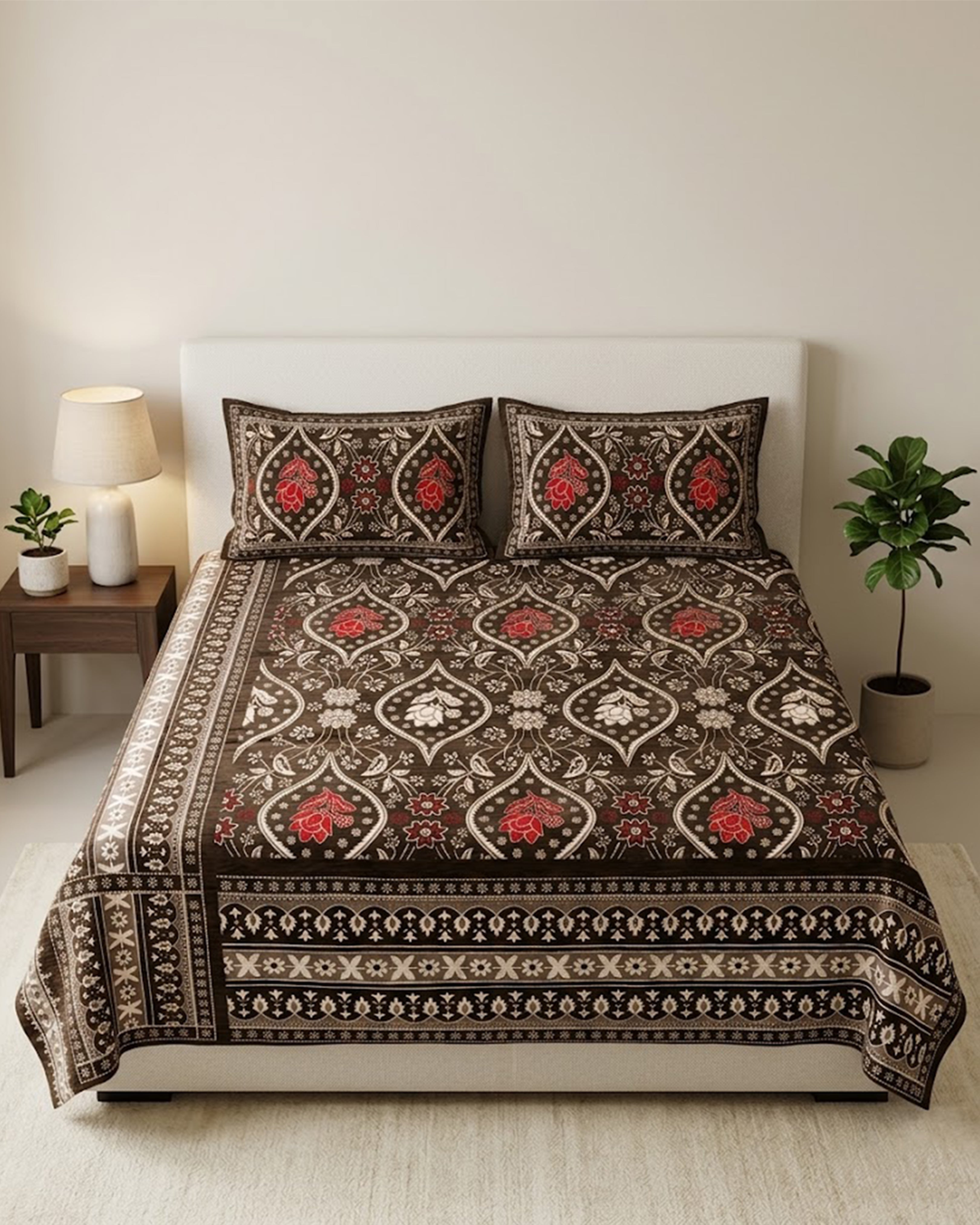 Royal Coffee Brown & Crimson Red Floral Ethnic Double Bedsheet Set - Premium Traditional Print with 2 Pillow Covers