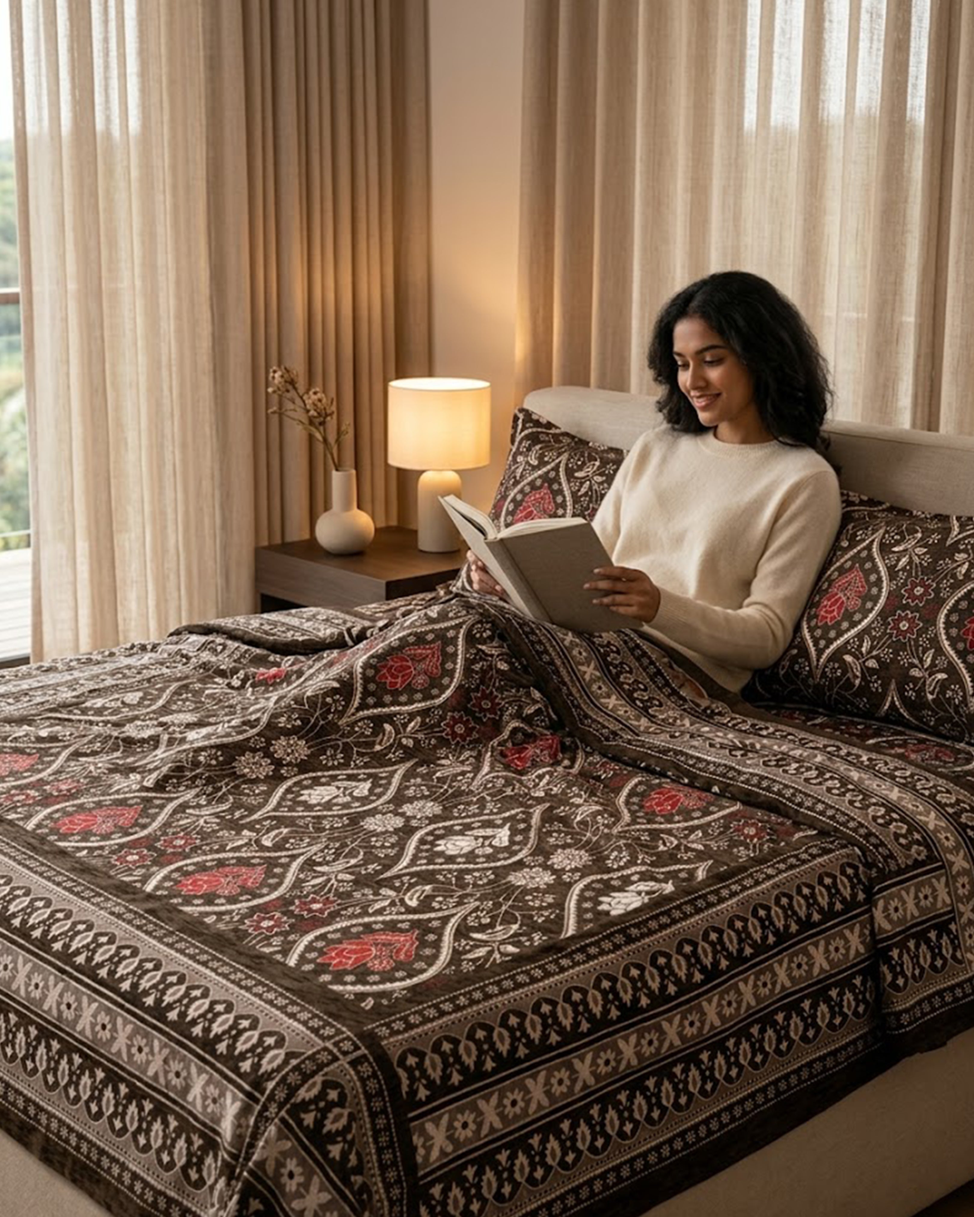 Royal Coffee Brown & Crimson Red Floral Ethnic Double Bedsheet Set - Premium Traditional Print with 2 Pillow Covers