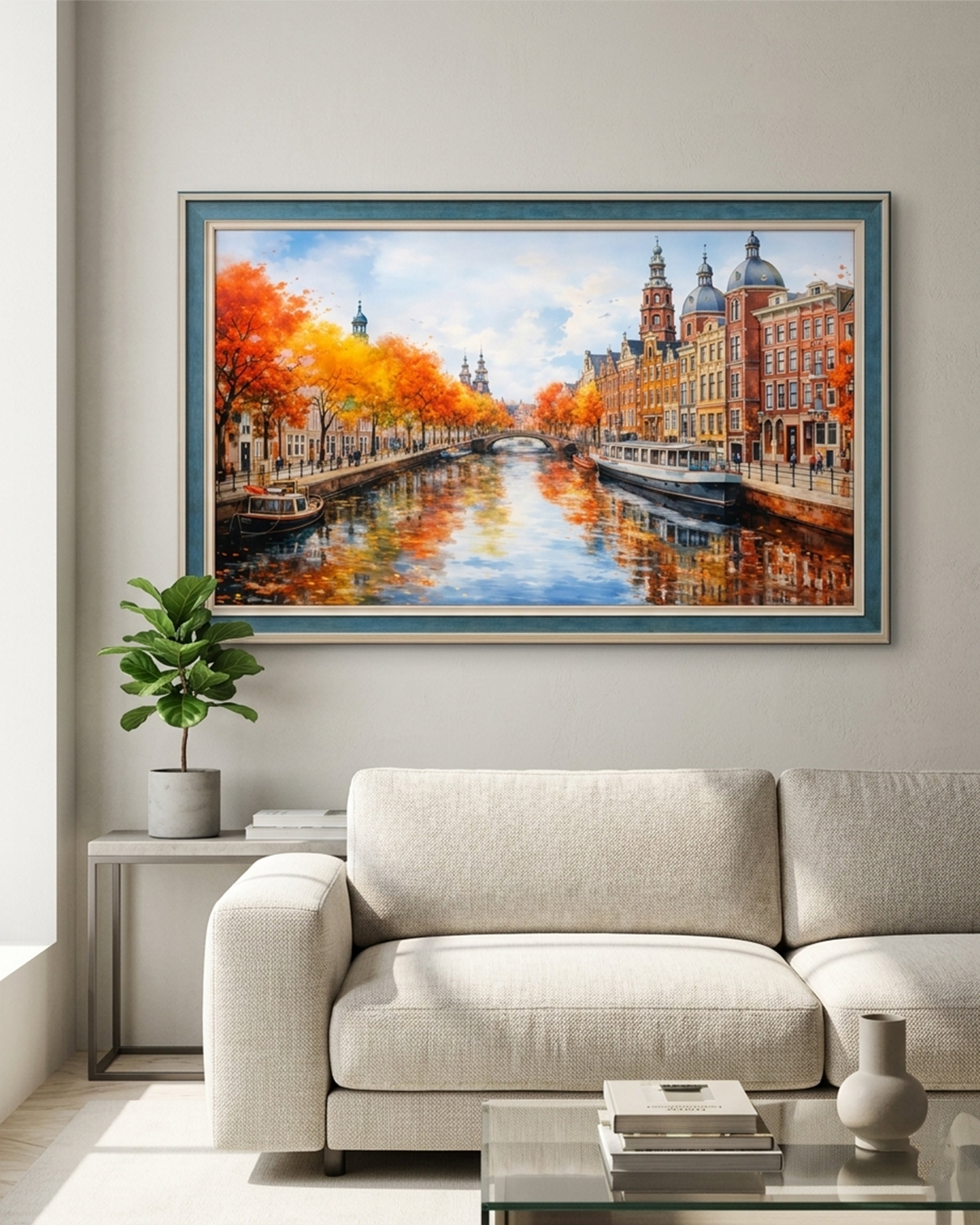 Amsterdam Autumn Reflections – Historic Canal Cityscape | Premium Framed European Art