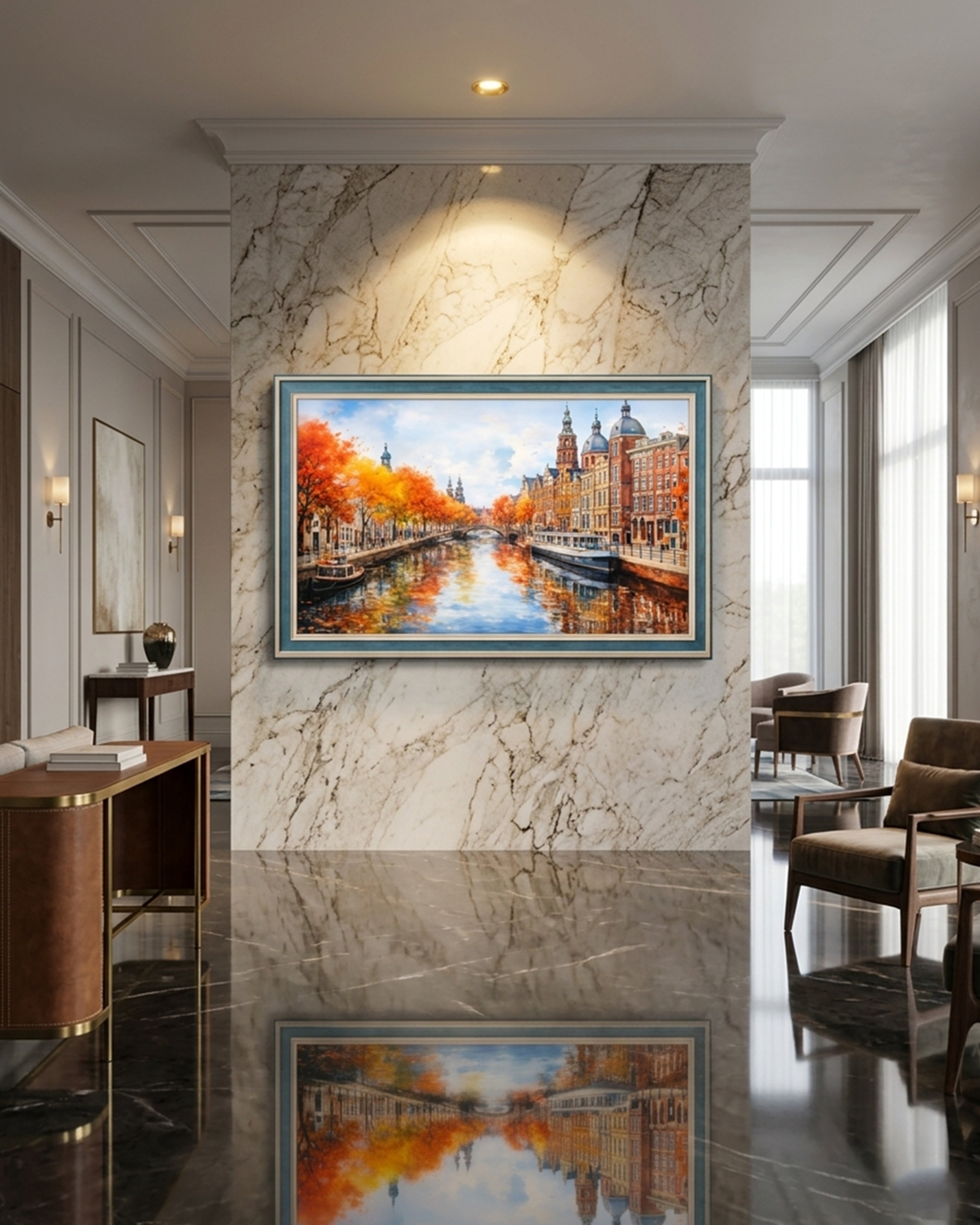 Amsterdam Autumn Reflections – Historic Canal Cityscape | Premium Framed European Art