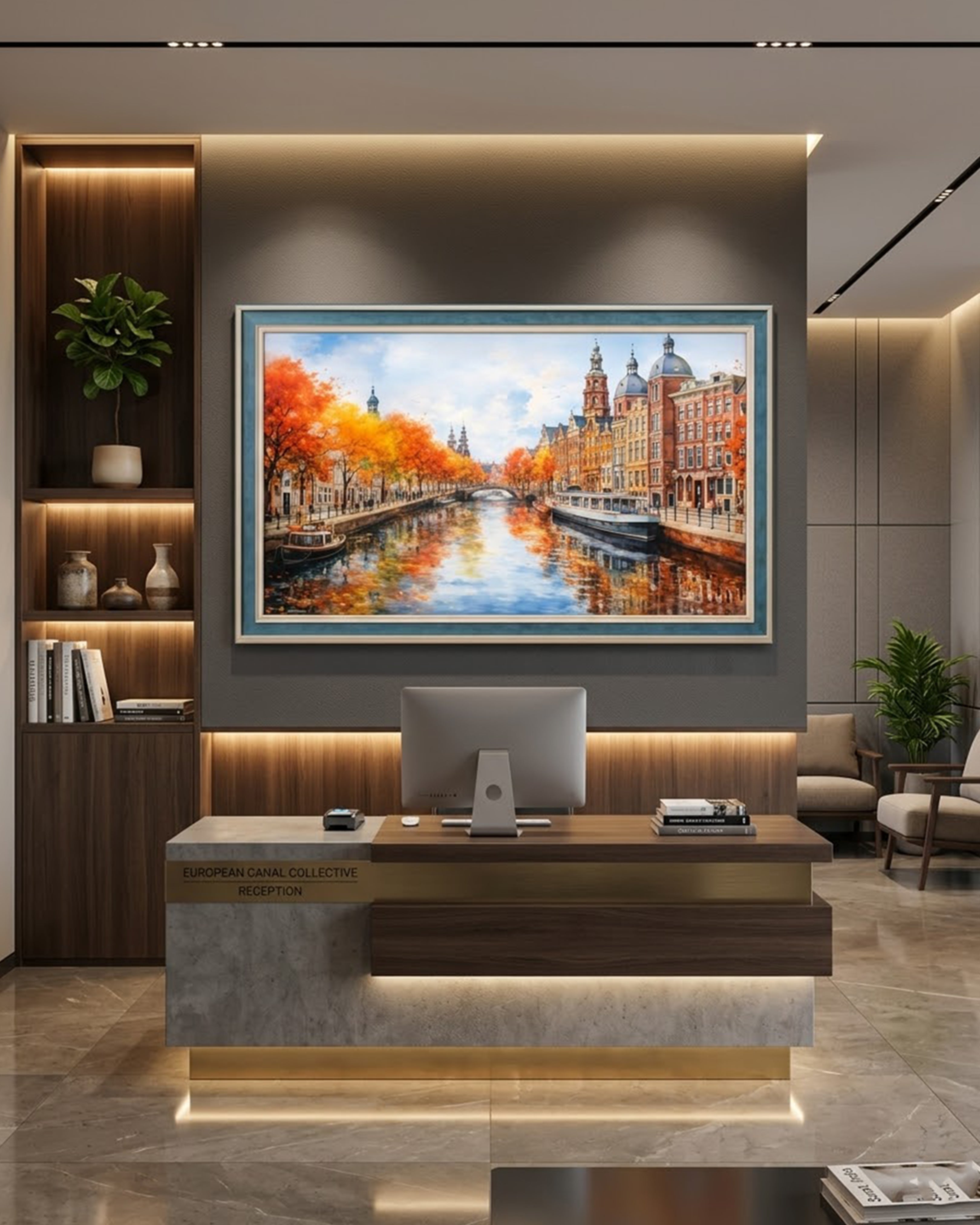 Amsterdam Autumn Reflections – Historic Canal Cityscape | Premium Framed European Art