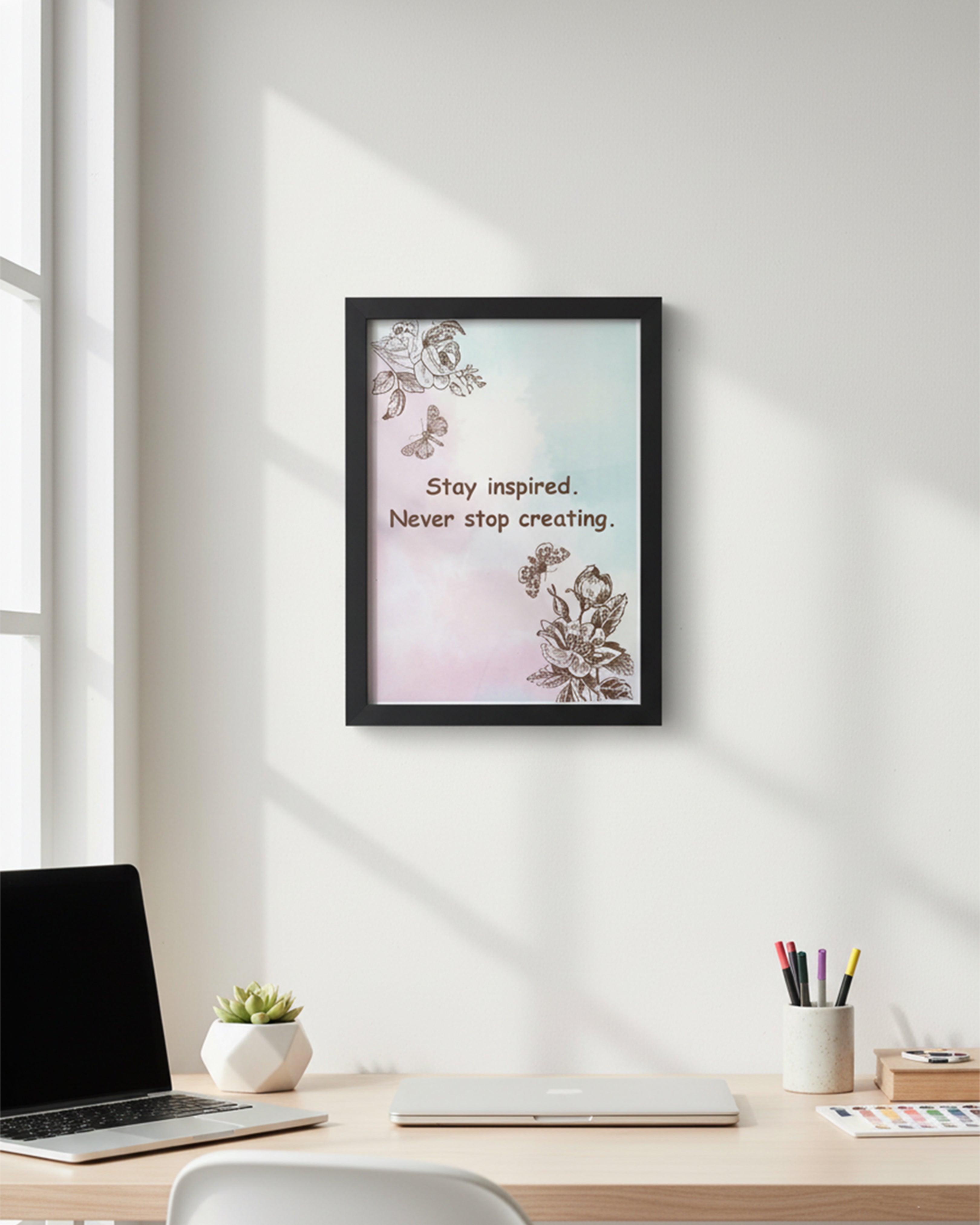 "Stay Inspired, Never Stop Creating" Motivational Framed Wall Art - Office, Study, Studio Decor - Aesthetic Pastel Background with Floral Sketches
