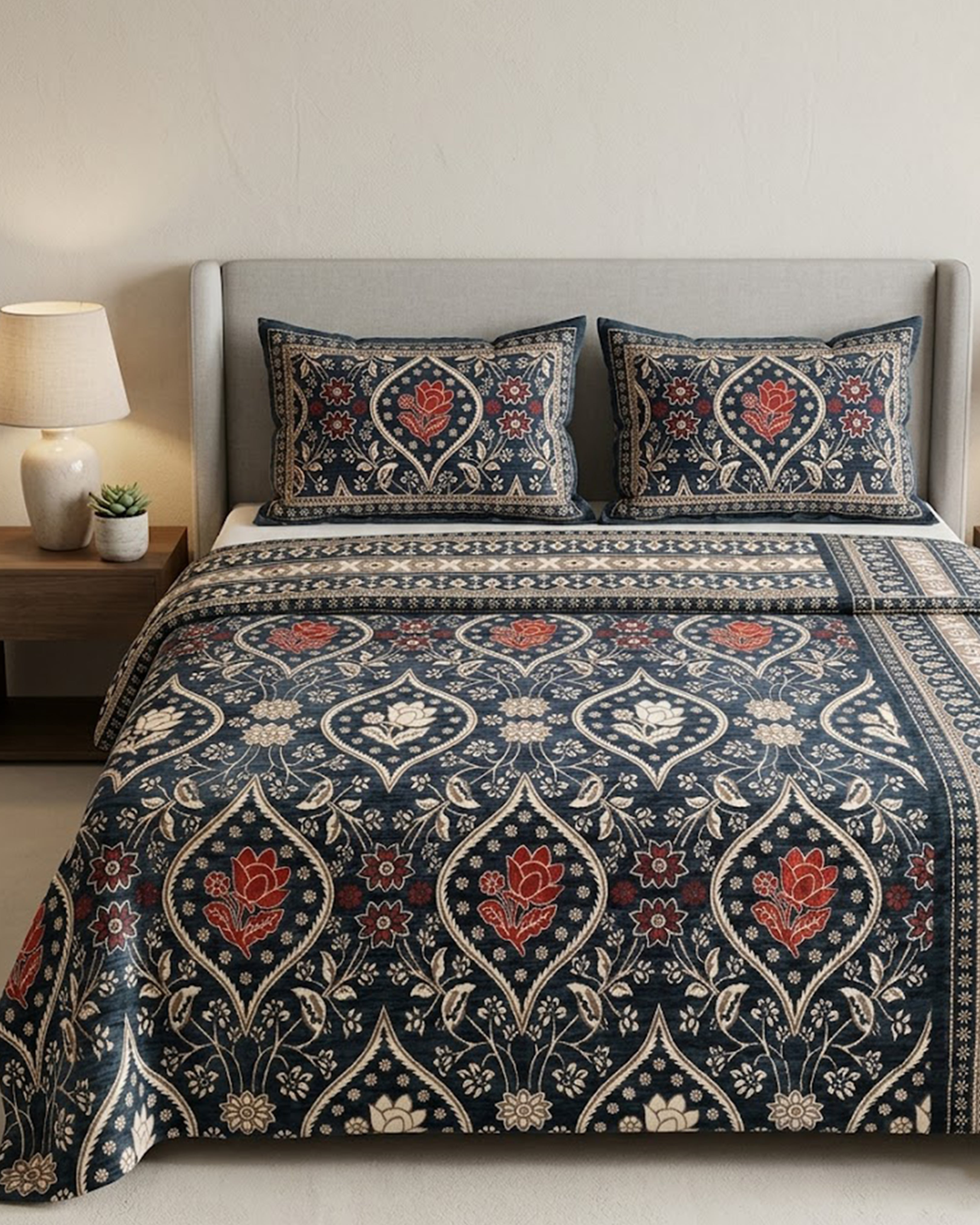 Royal Indigo Blue & Crimson Floral Ethnic Double Bedsheet Set - Premium Traditional Pattern with 2 Matching Pillow Covers