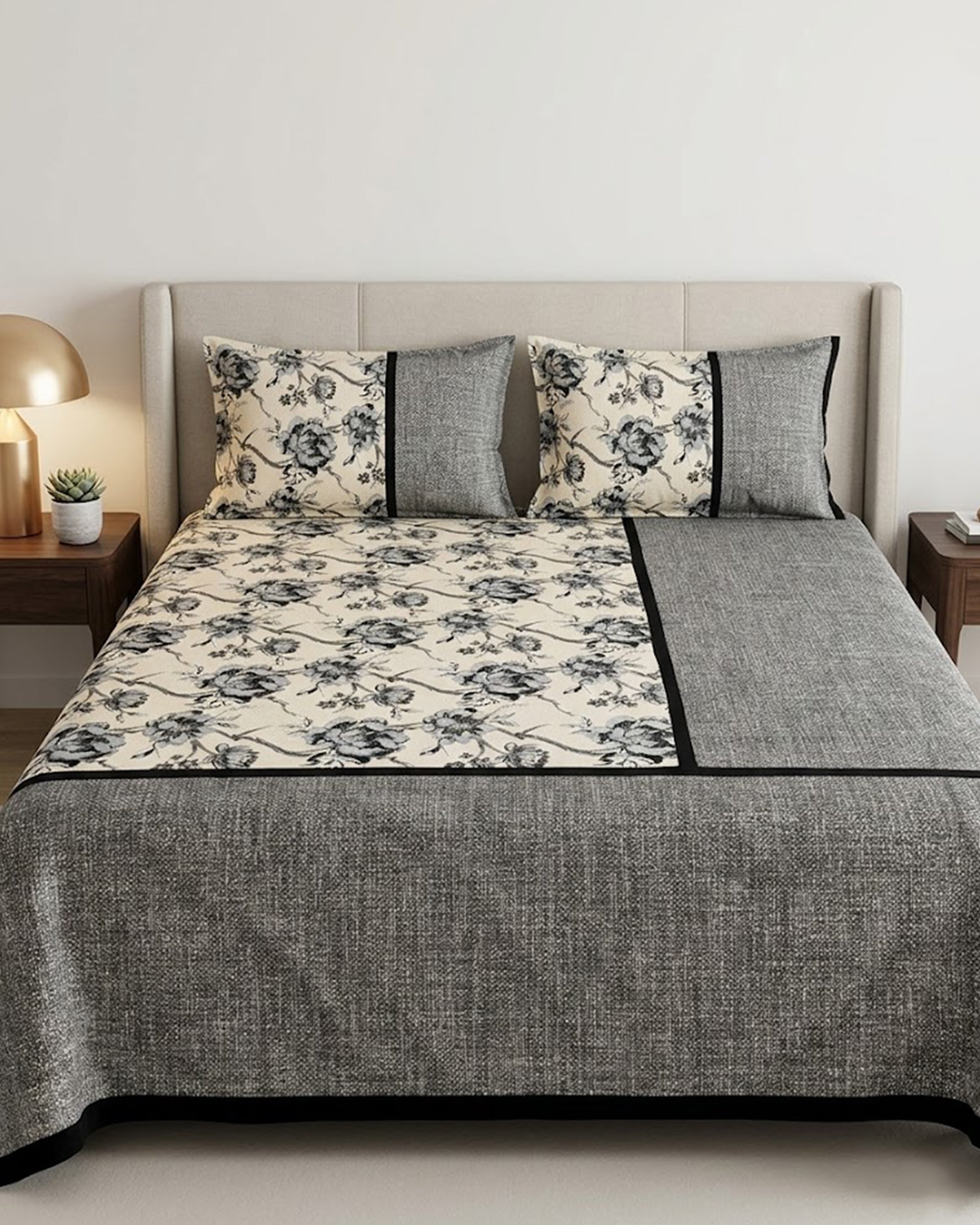 Premium Charcoal Grey & Cream Paneled Floral Cotton Double Bed Sheet with 2 Pillow Covers – Urban Meadow Collection