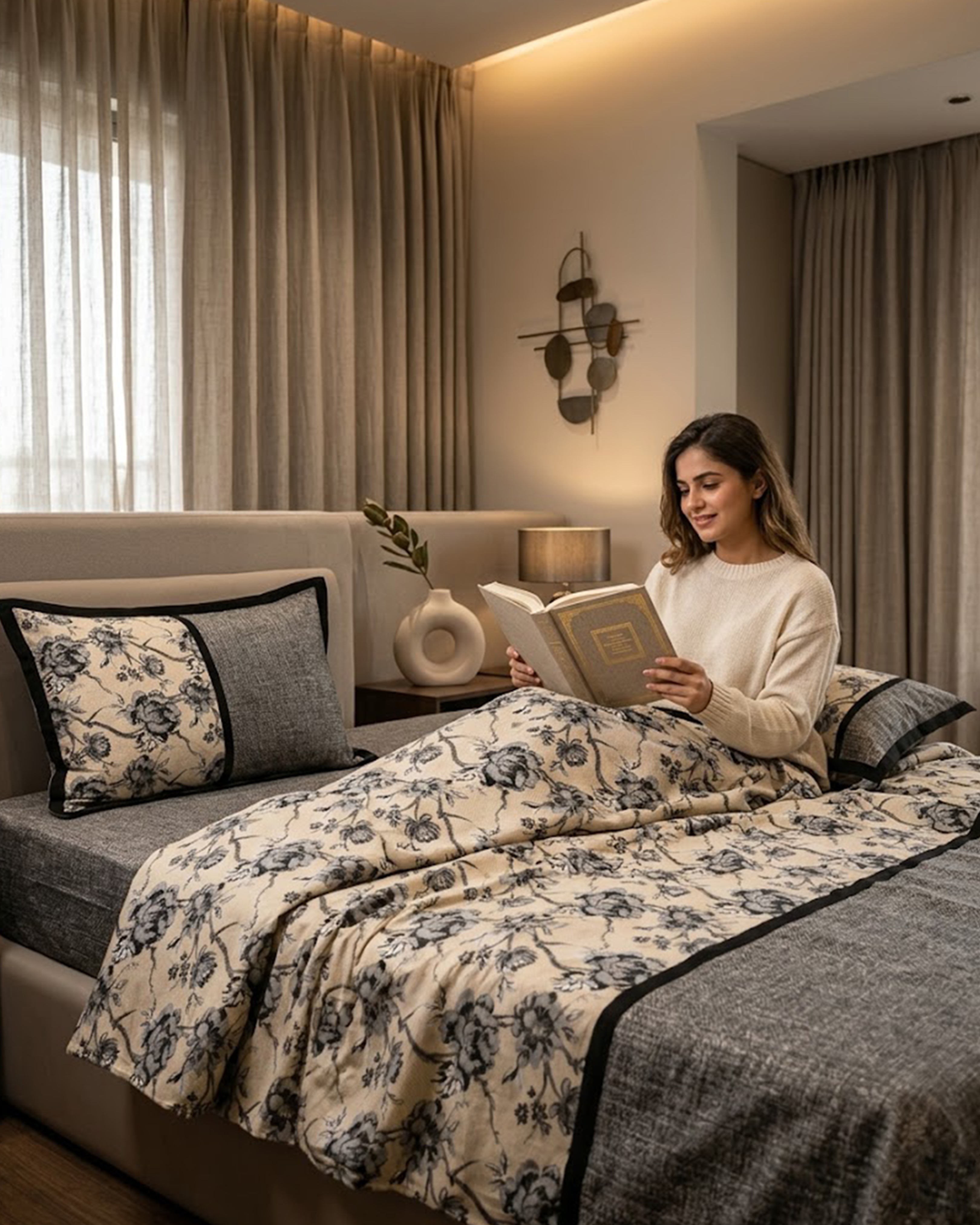 Premium Charcoal Grey & Cream Paneled Floral Cotton Double Bed Sheet with 2 Pillow Covers – Urban Meadow Collection