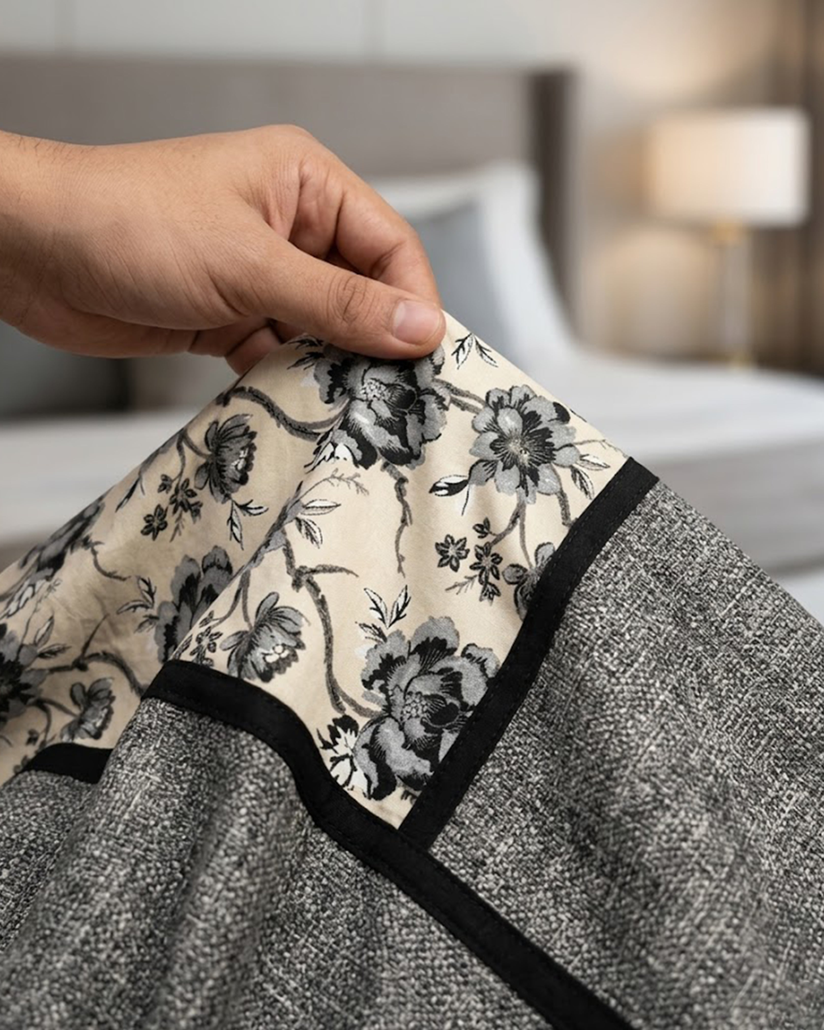 Premium Charcoal Grey & Cream Paneled Floral Cotton Double Bed Sheet with 2 Pillow Covers – Urban Meadow Collection