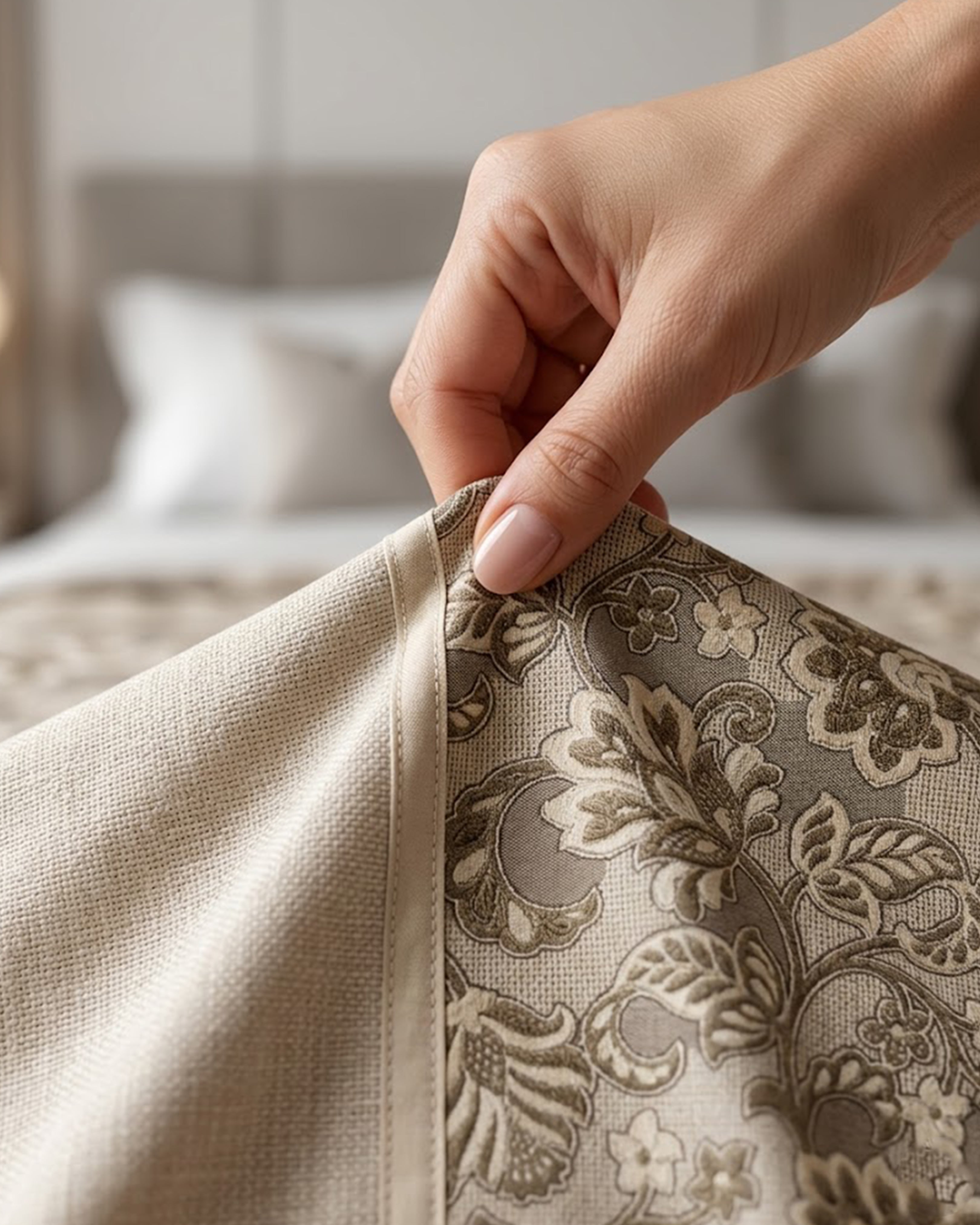 Elegant Beige & Sandalwood Floral Panel Double Bedsheet Set - Premium Linen-Look Soft Fabric with 2 Pillow Covers