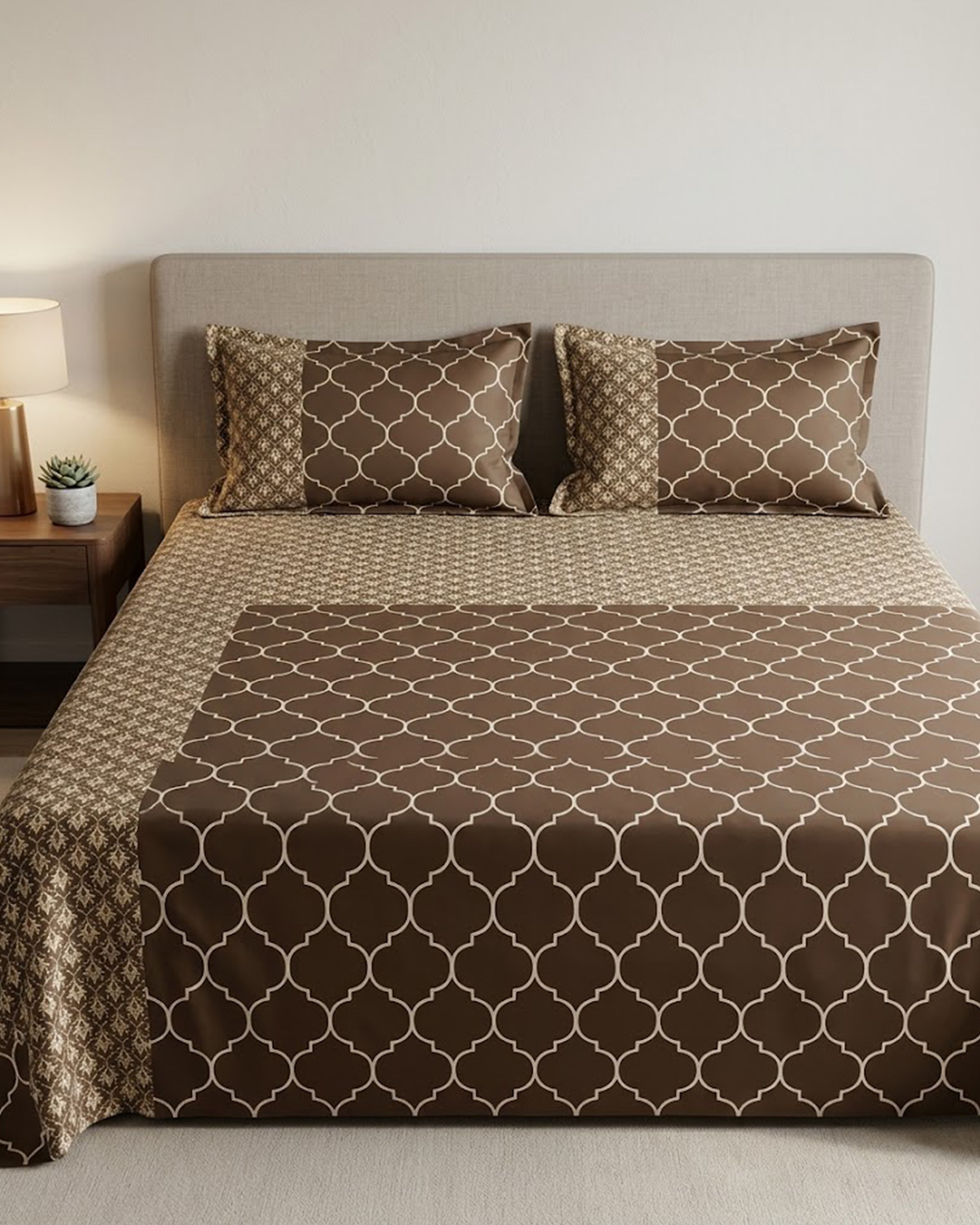 Modern Coffee Brown Moroccan Geometric Double Bedsheet Set - Premium Dual-Pattern Design with 2 Pillow Covers