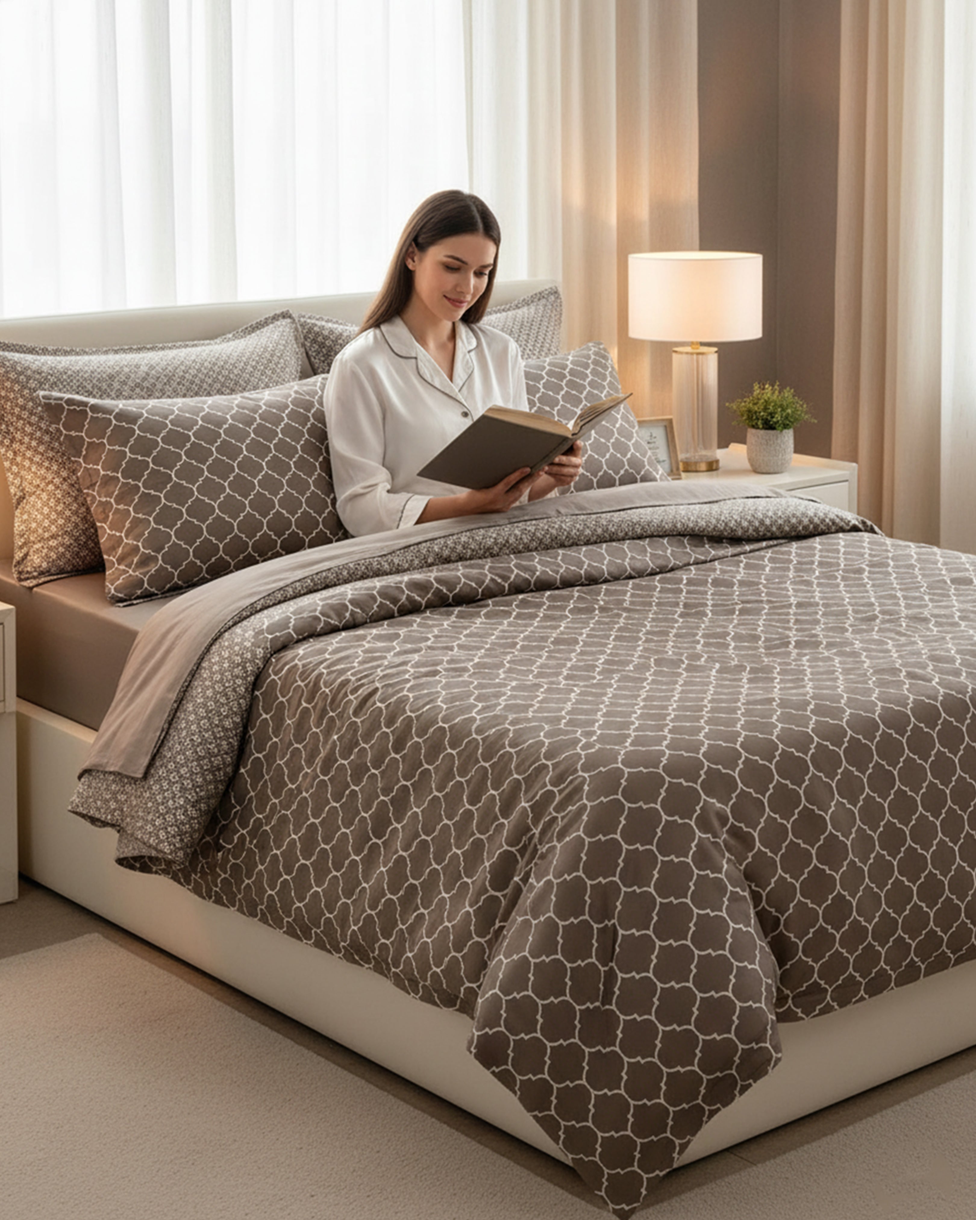Modern Coffee Brown Moroccan Geometric Double Bedsheet Set - Premium Dual-Pattern Design with 2 Pillow Covers