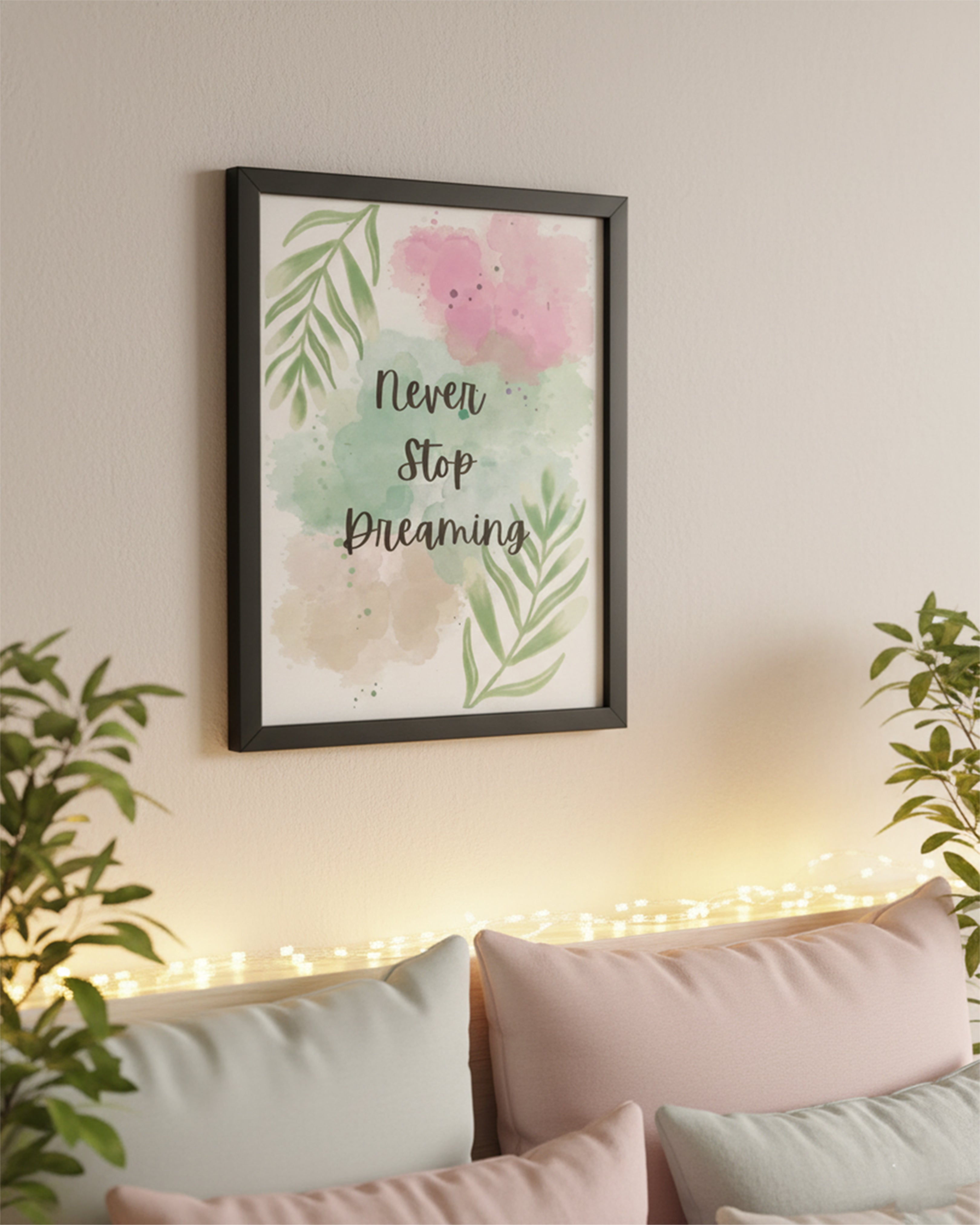 "Never Stop Dreaming" Framed Wall Art - Aesthetic Watercolor Floral Painting for Bedroom, Nursery, Living Room Decor