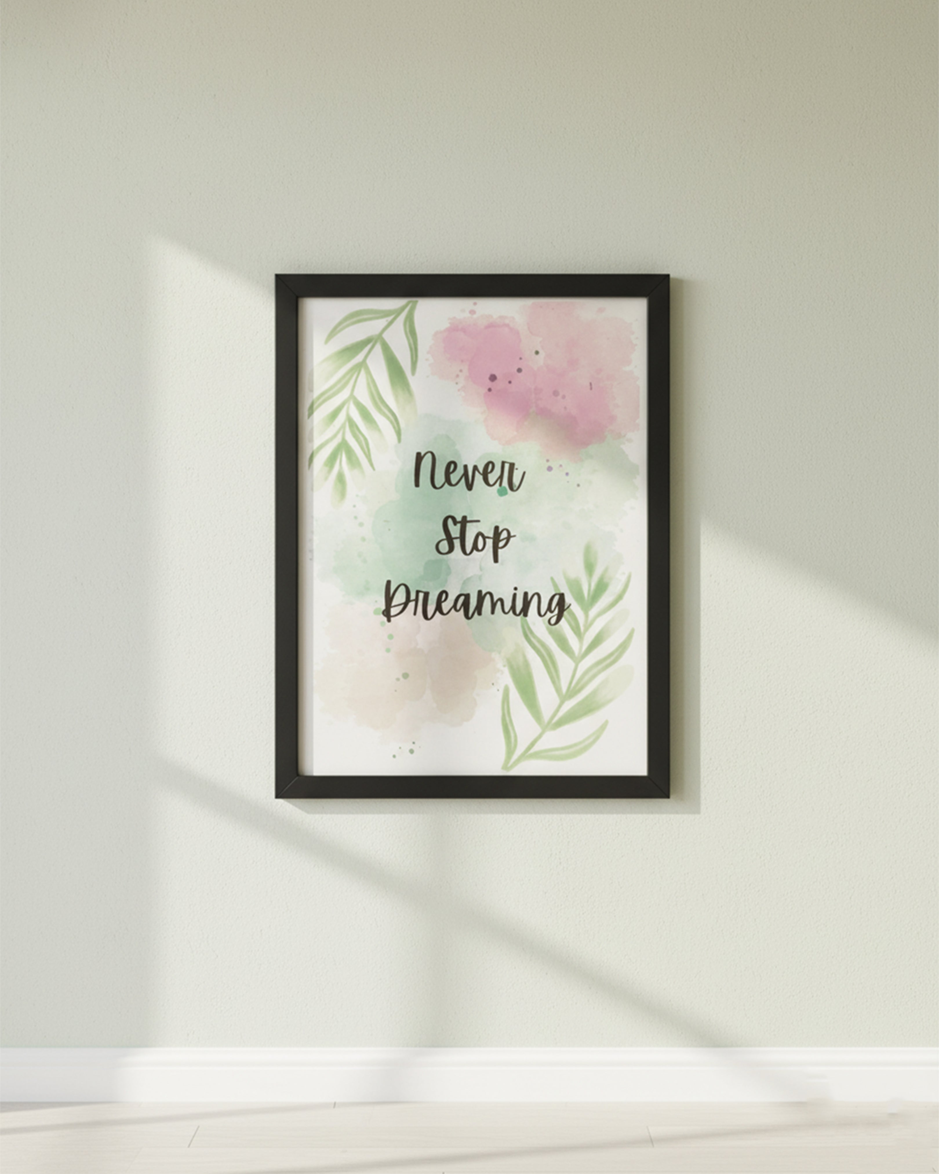 "Never Stop Dreaming" Framed Wall Art - Aesthetic Watercolor Floral Painting for Bedroom, Nursery, Living Room Decor
