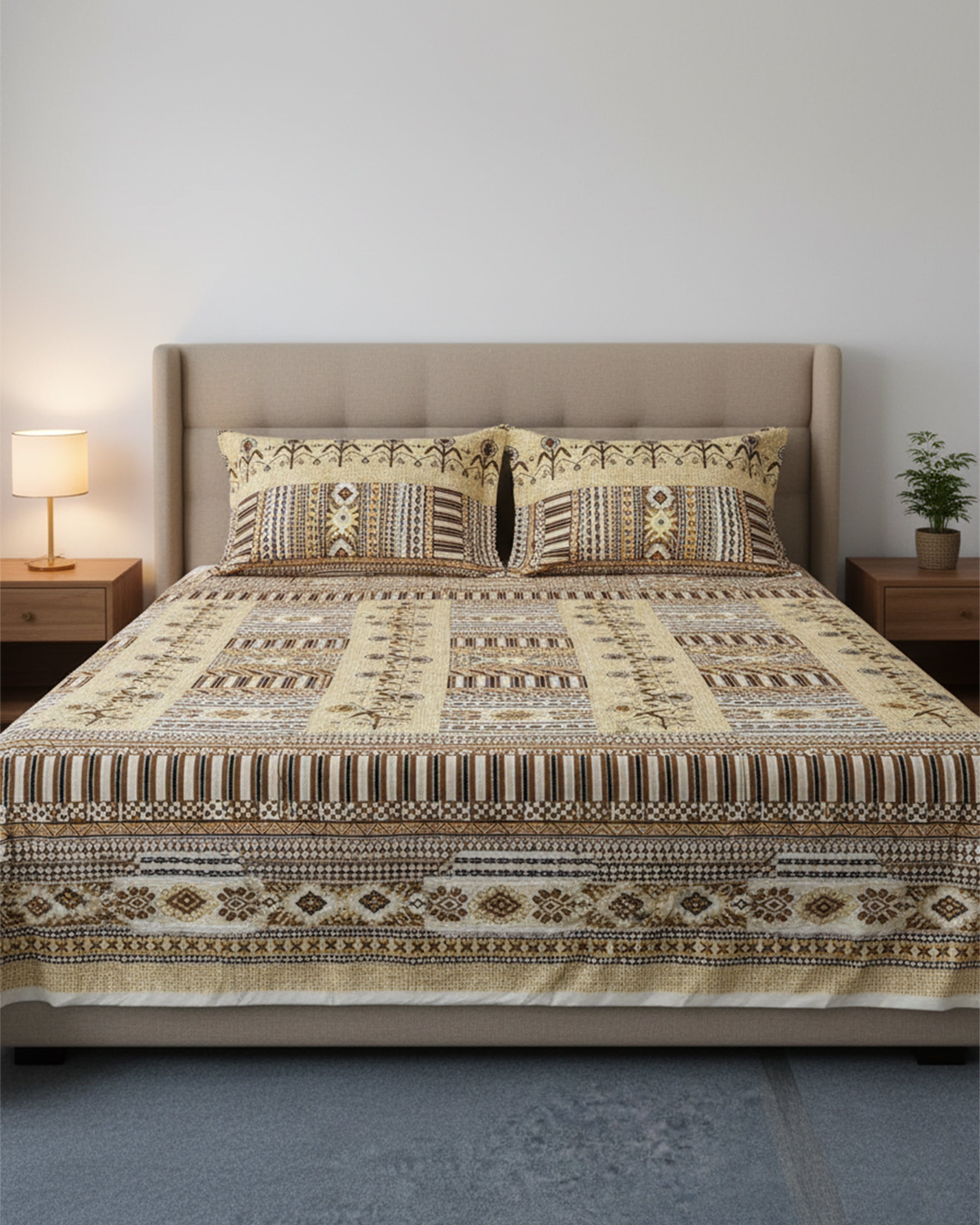 Premium Navy Blue Geometric Cotton Double Bed Sheet with 2 Pillow Covers – Modern Lattice Collection