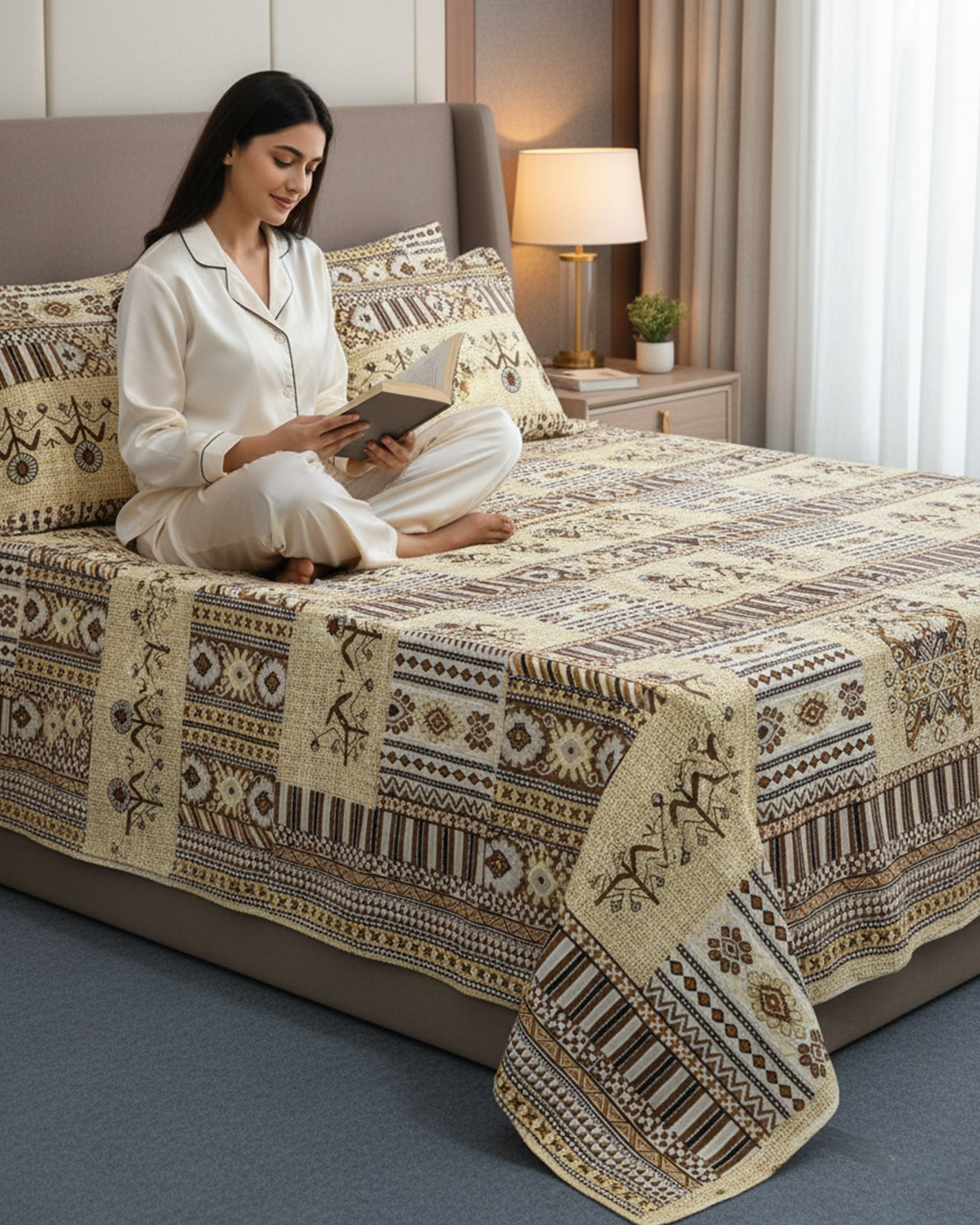 Premium Navy Blue Geometric Cotton Double Bed Sheet with 2 Pillow Covers – Modern Lattice Collection