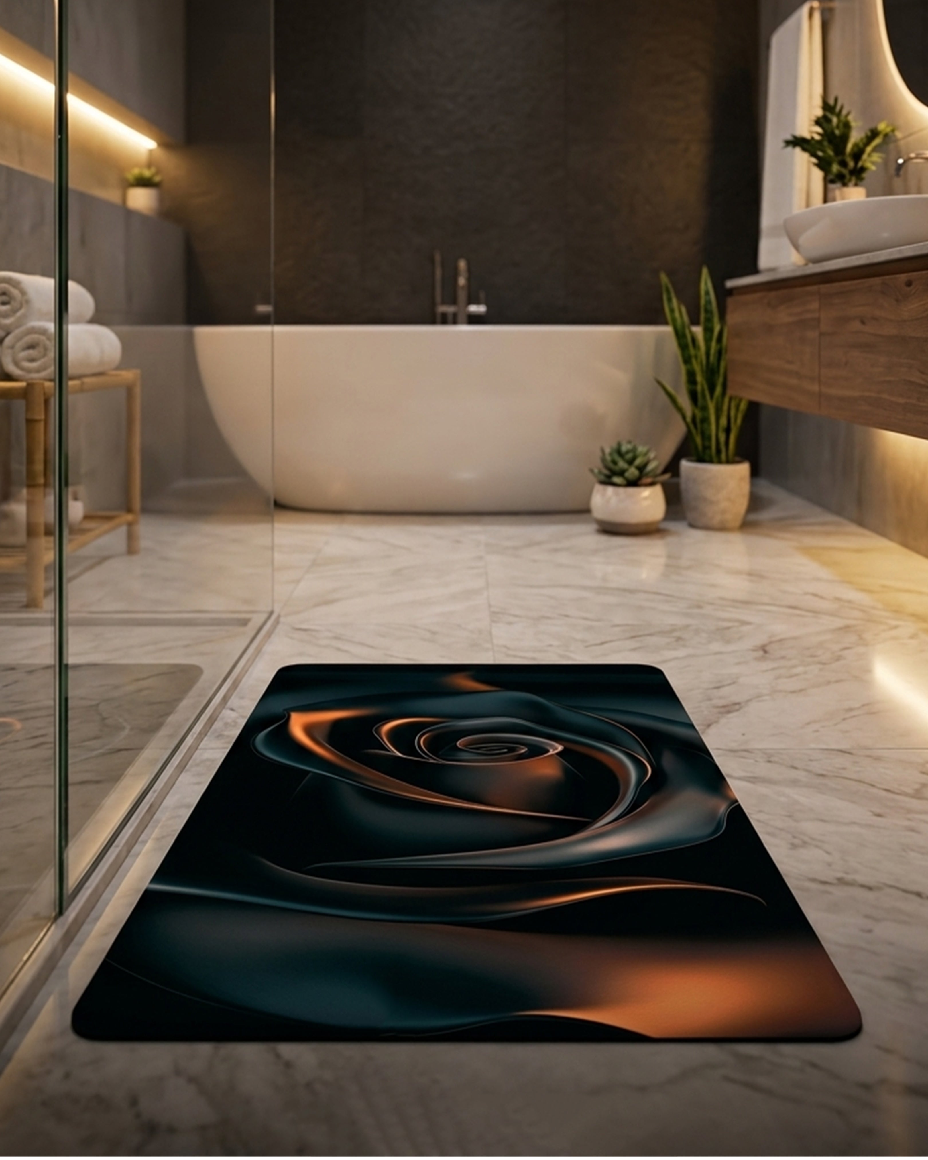 Abstract Metallic Rose Luxury Bath Mat – 3D Dark Floral Anti-Skid Rug | Super Soft & Absorbent Designer Floor Mat