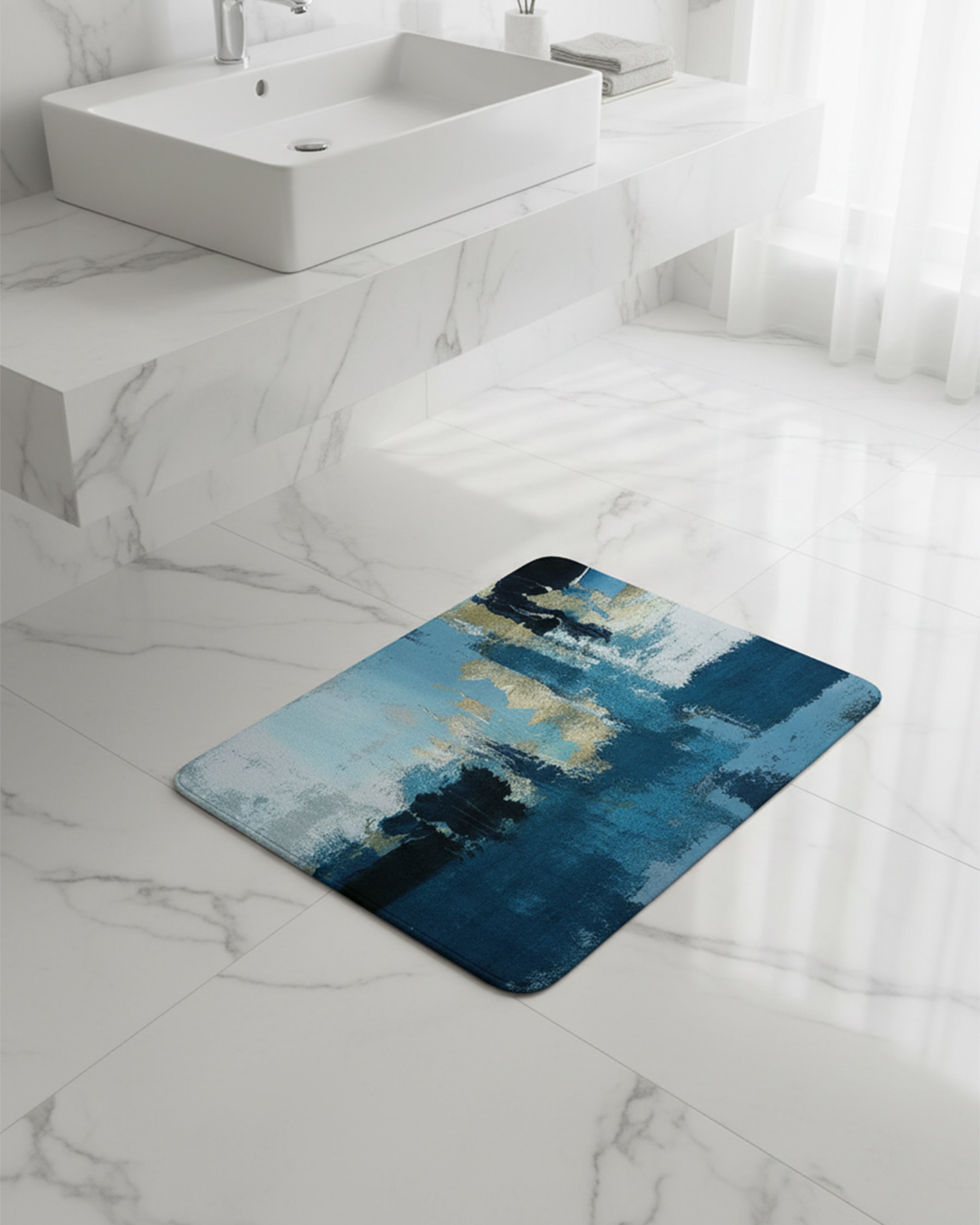 Royal Teal & Gold Swirl Luxury Bath Mat – 3D Abstract Floral Anti-Slip Rug | Super Soft Microfiber Designer Floor Mat