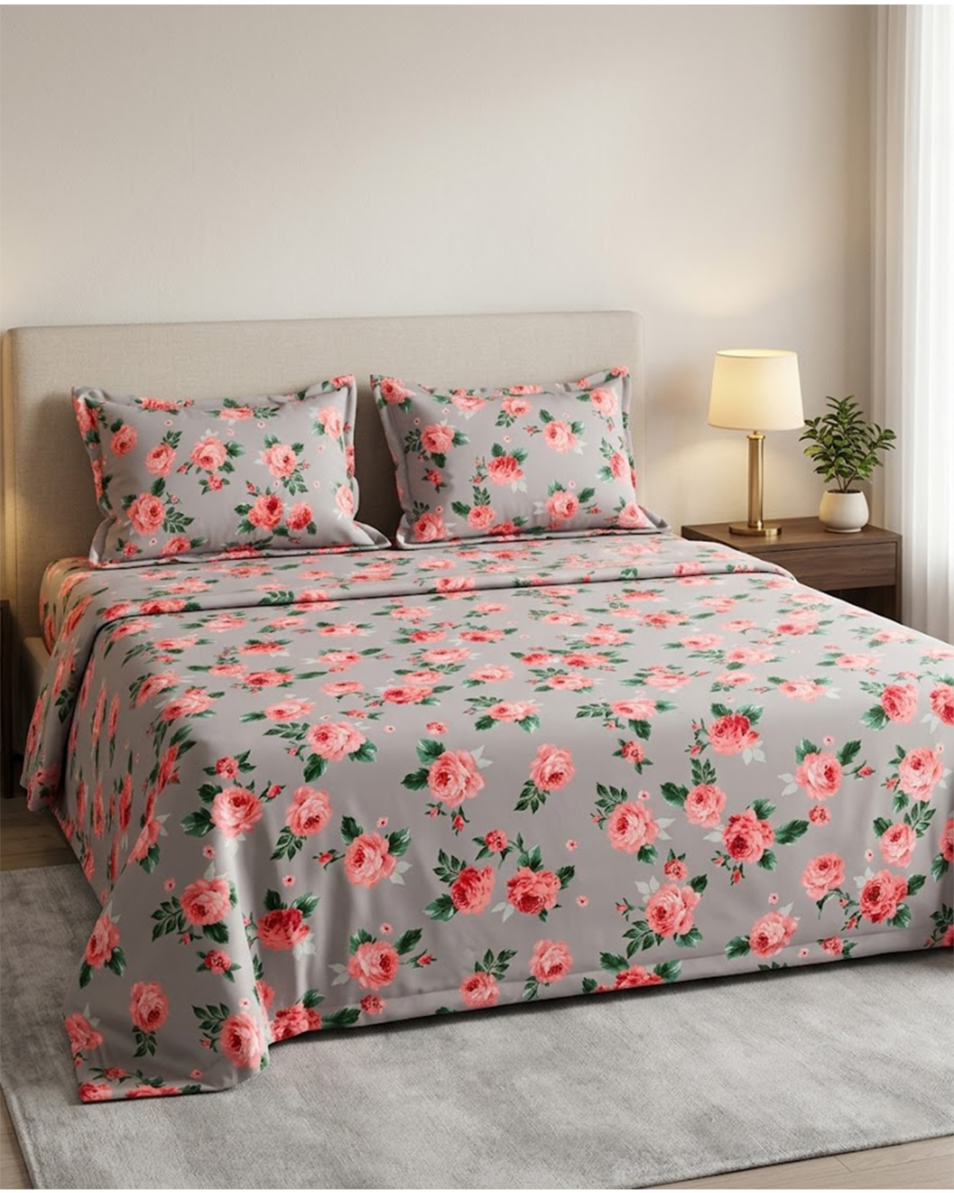 Premium Grey Floral Cotton Double Bedsheet with 2 Matching Pillow Covers - Vintage Rose Collection