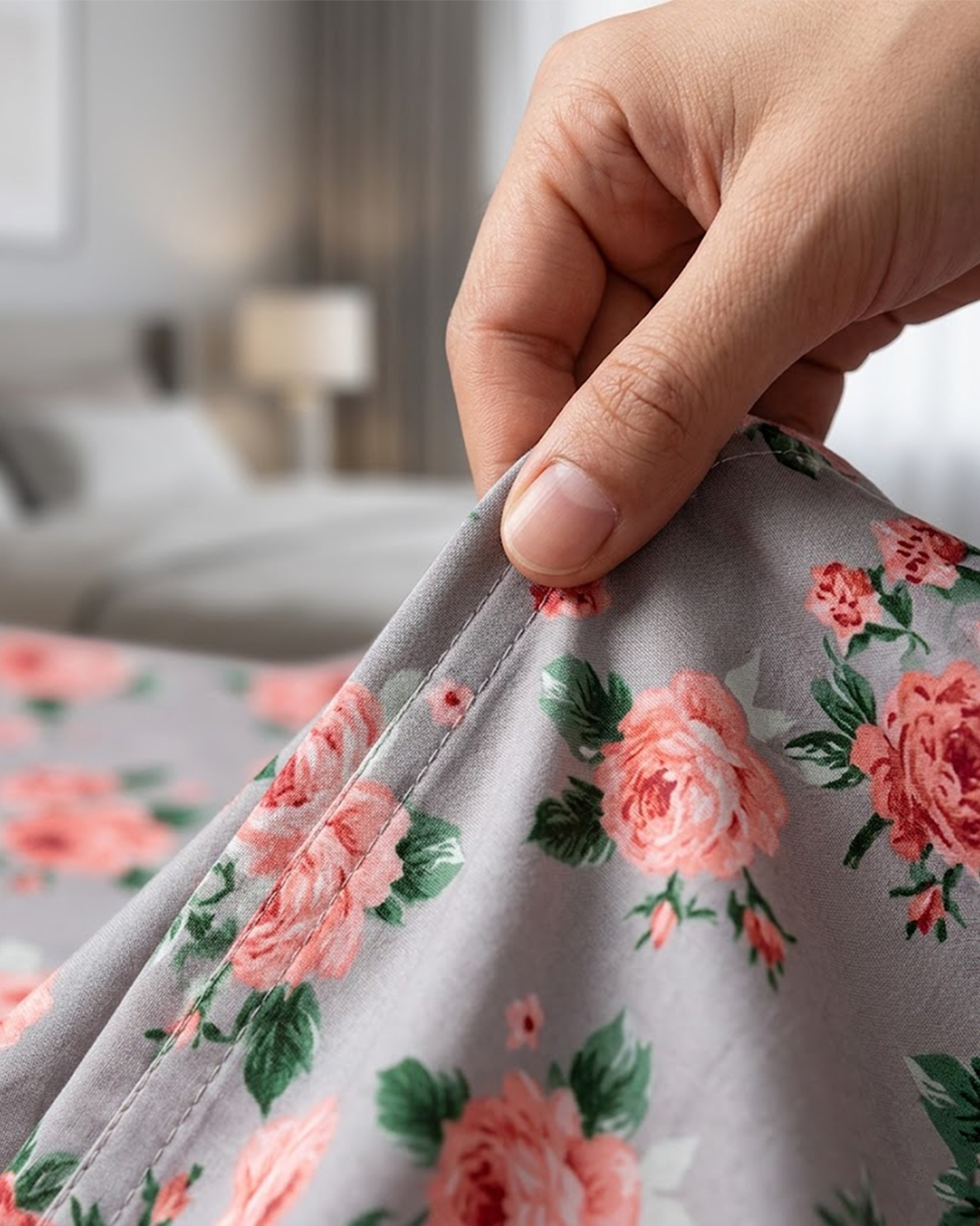 Premium Grey Floral Cotton Double Bedsheet with 2 Matching Pillow Covers - Vintage Rose Collection