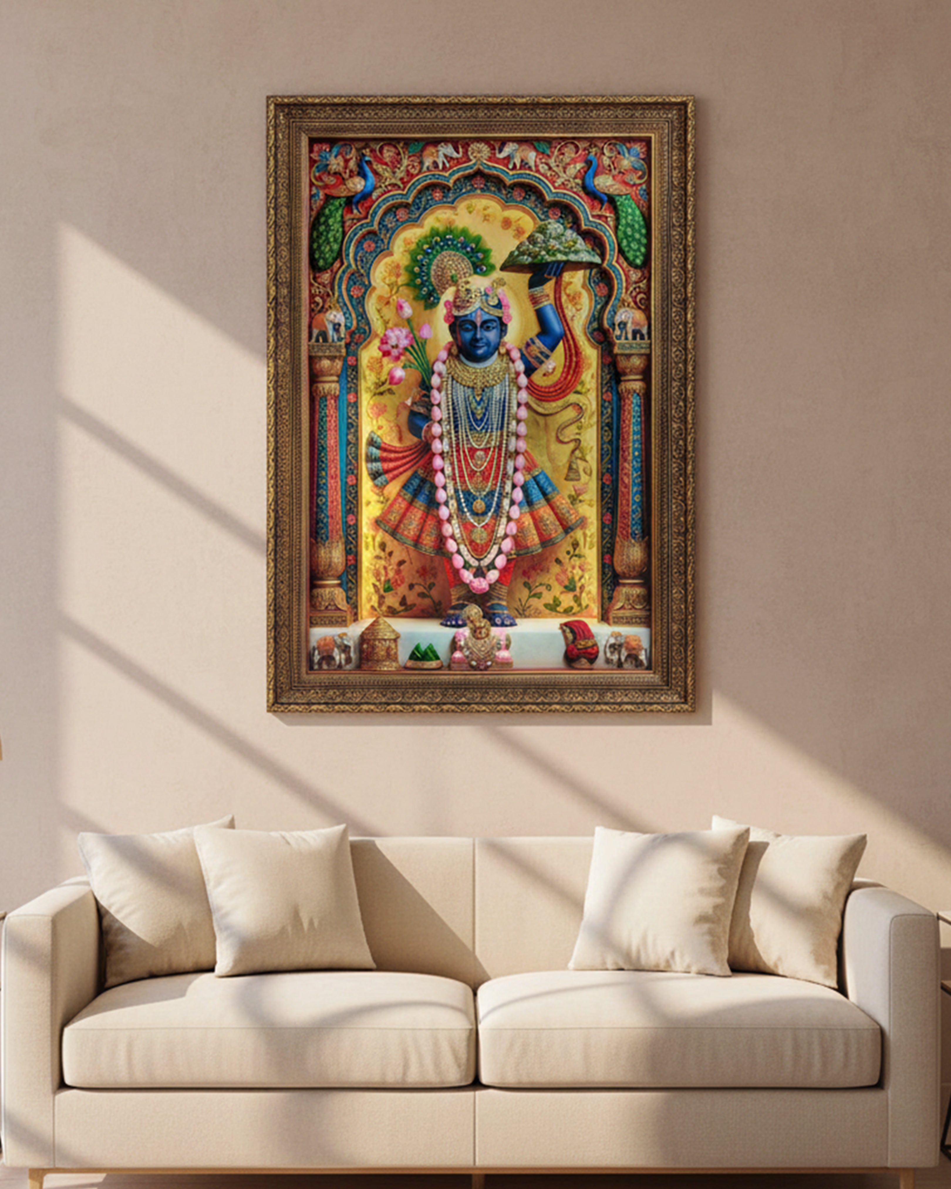 Shrinathji Govardhan Giridhari Premium Framed Wall Art - Divine Pushtimarg Shringar Painting for Home & Mandir