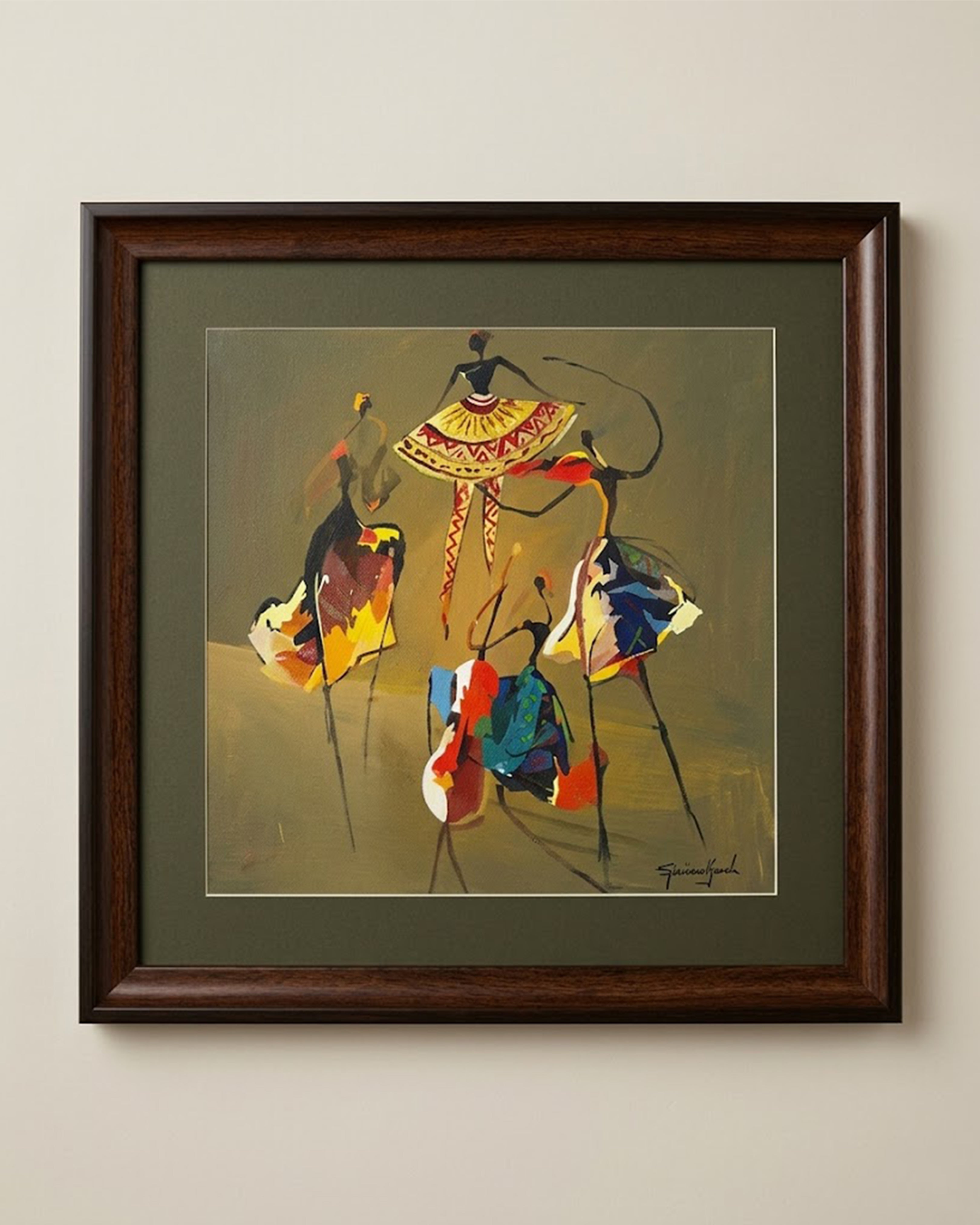 African Tribal Dancers Ethnic Wall Art - Vibrant Folk Culture Painting with Premium Brown Wooden Frame & Mount for Home Decor