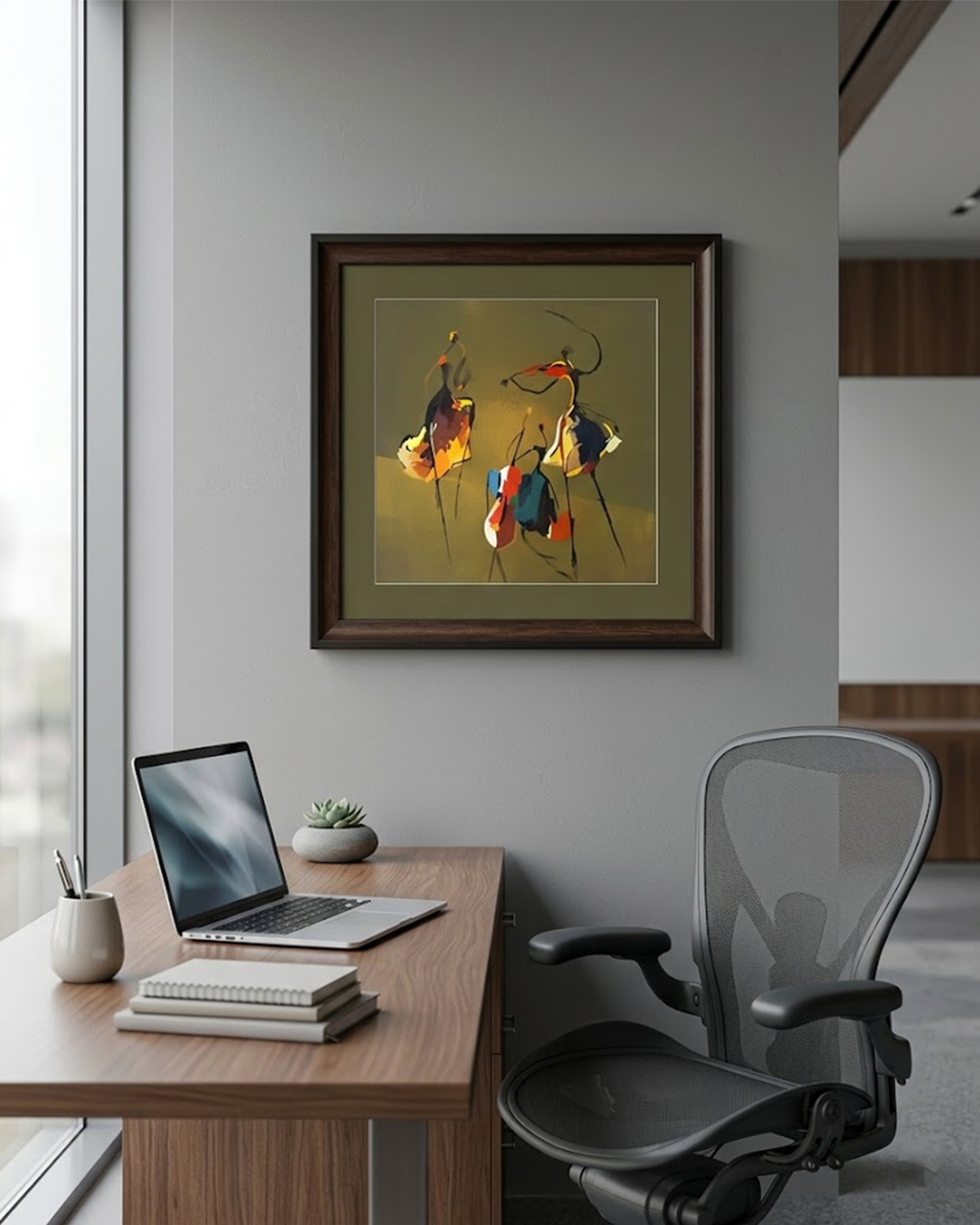 African Tribal Dancers Ethnic Wall Art - Vibrant Folk Culture Painting with Premium Brown Wooden Frame & Mount for Home Decor